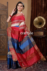 Red & blue temple work hand block printed zari pure tussar saree red blue striped saree 5