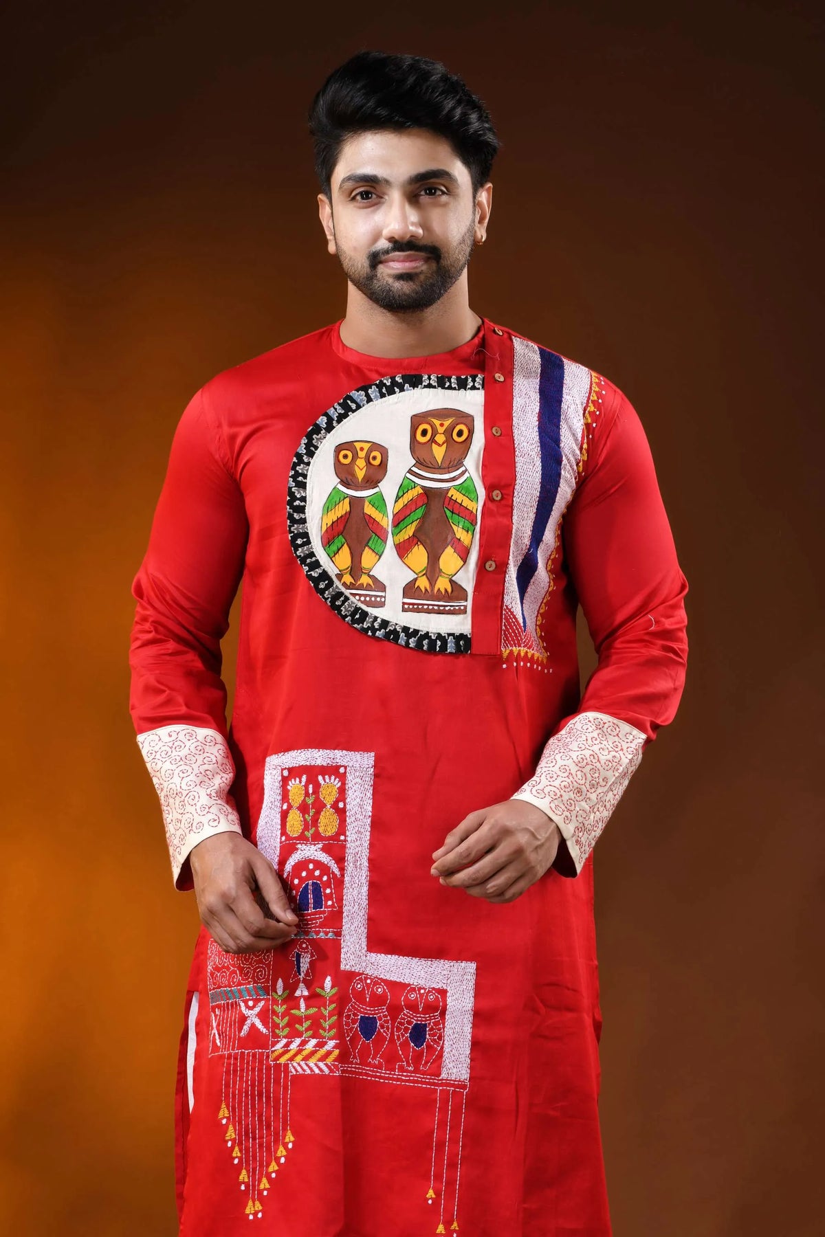 Red cotton men’s kantha stitch punjabi with applique and hand paint 7