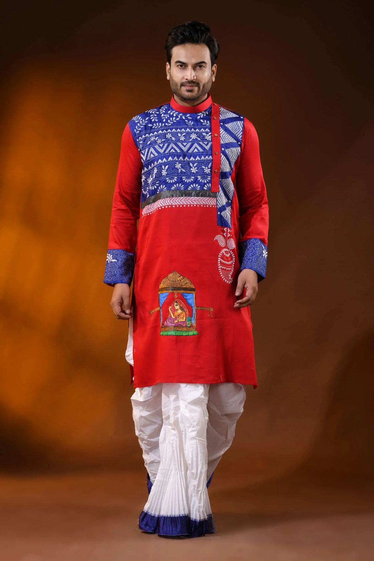 Red cotton men’s punjabi with kantha and hand painted folk art 1