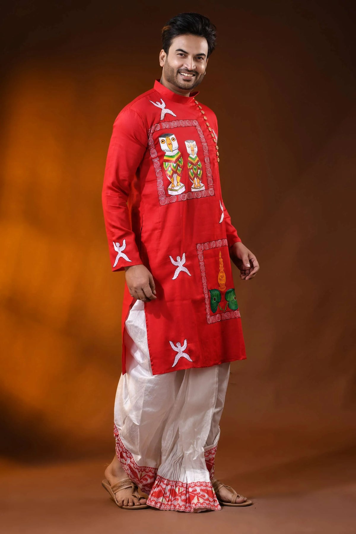 Red cotton wedding punjabi with kantha work and hand paint art 3