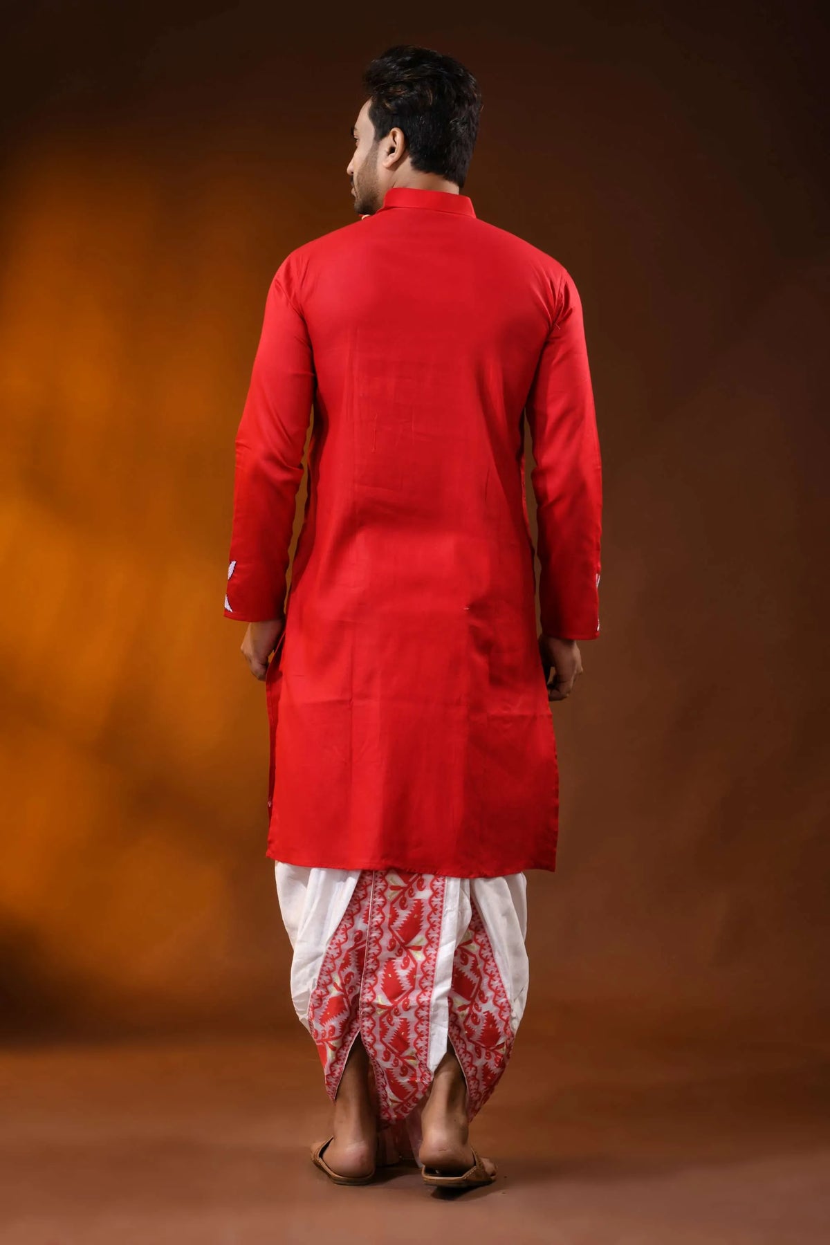 Red cotton wedding punjabi with kantha work and hand paint art 5