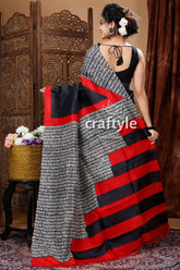 Red & ebony black hand block pure mulberry silk saree black red white patterned saree 5