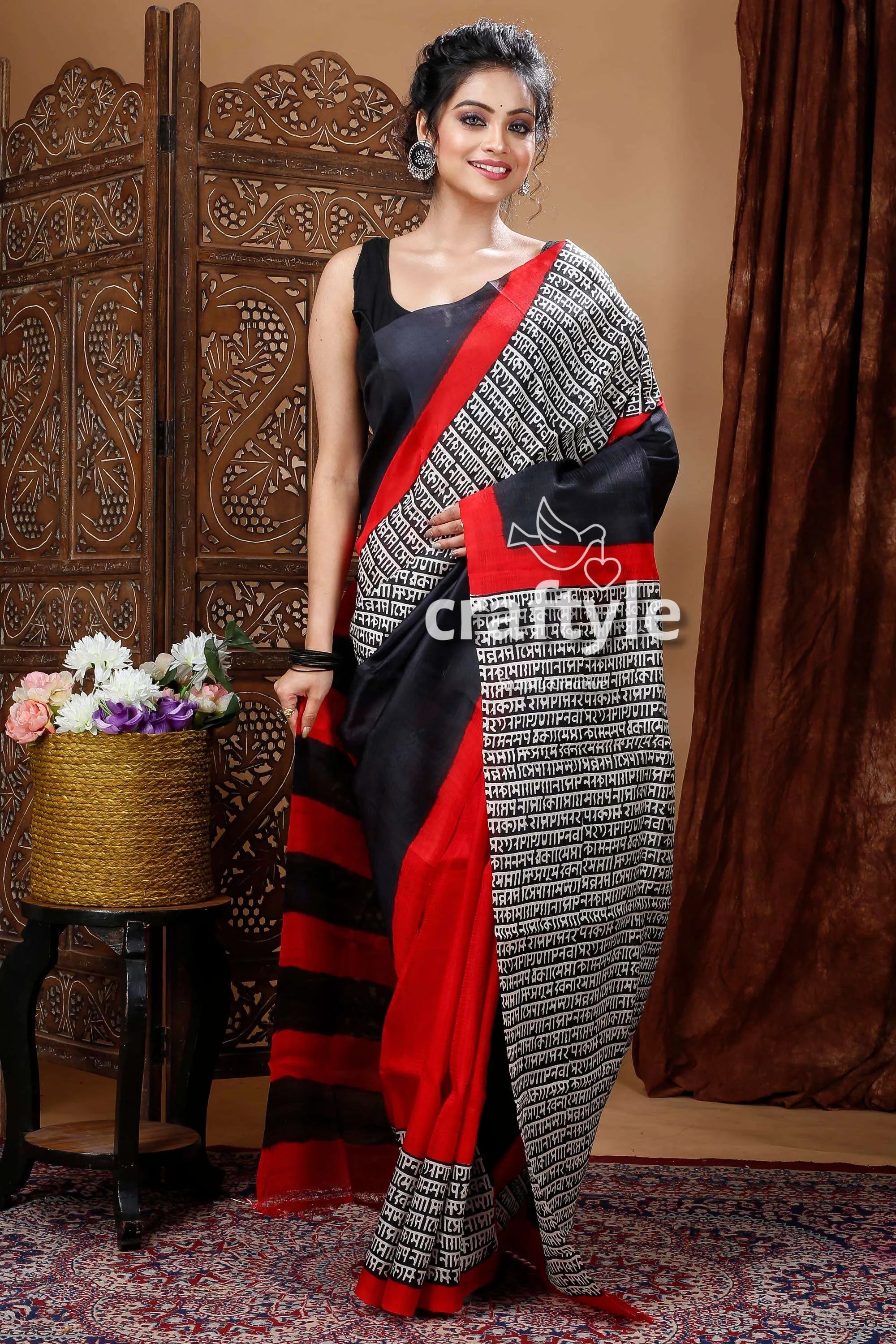 Red & ebony black hand block pure mulberry silk saree white 4
