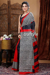 Red & ebony black hand block pure mulberry silk saree woman patterned saree 3