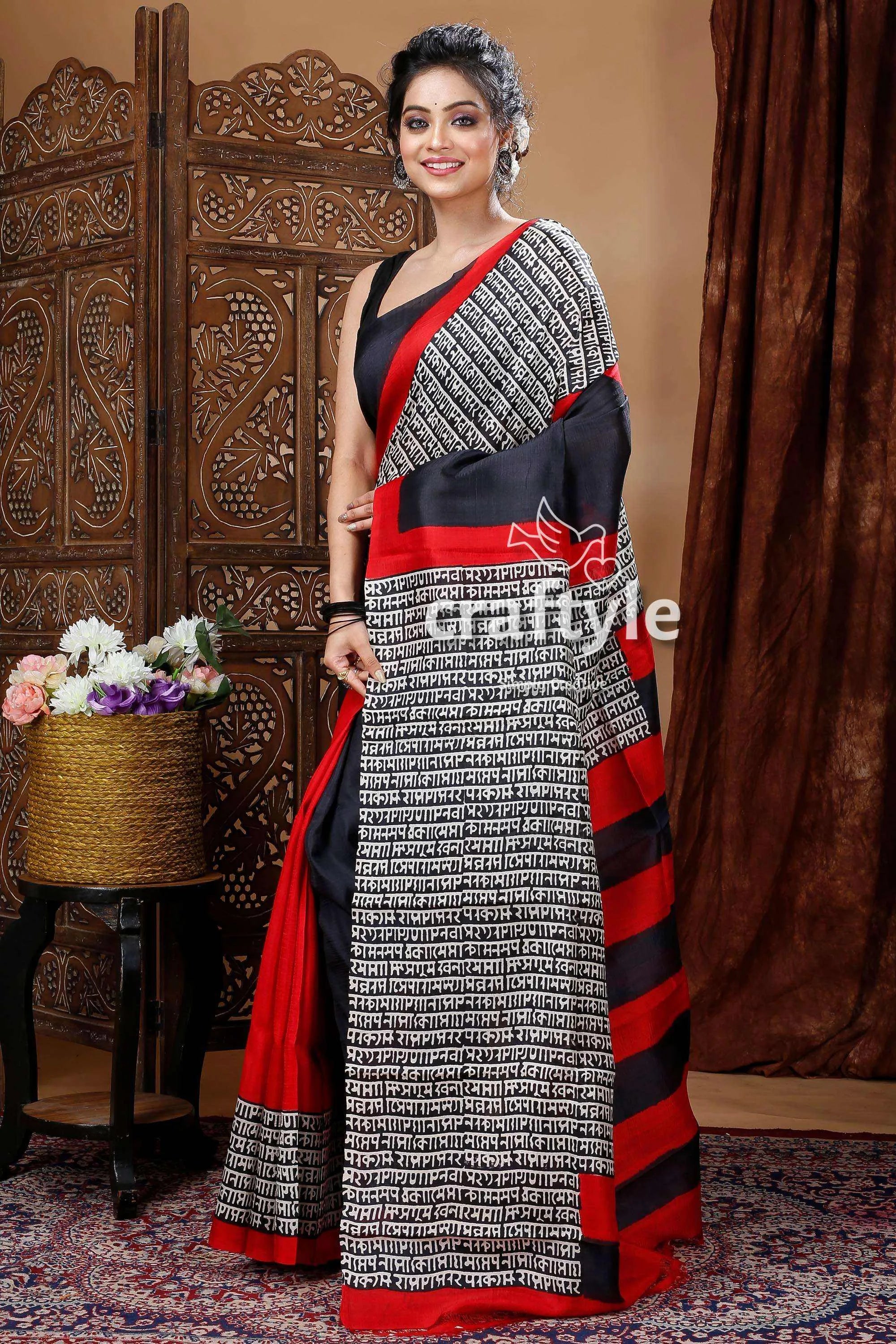 Red & ebony black hand block pure mulberry silk saree woman patterned 3