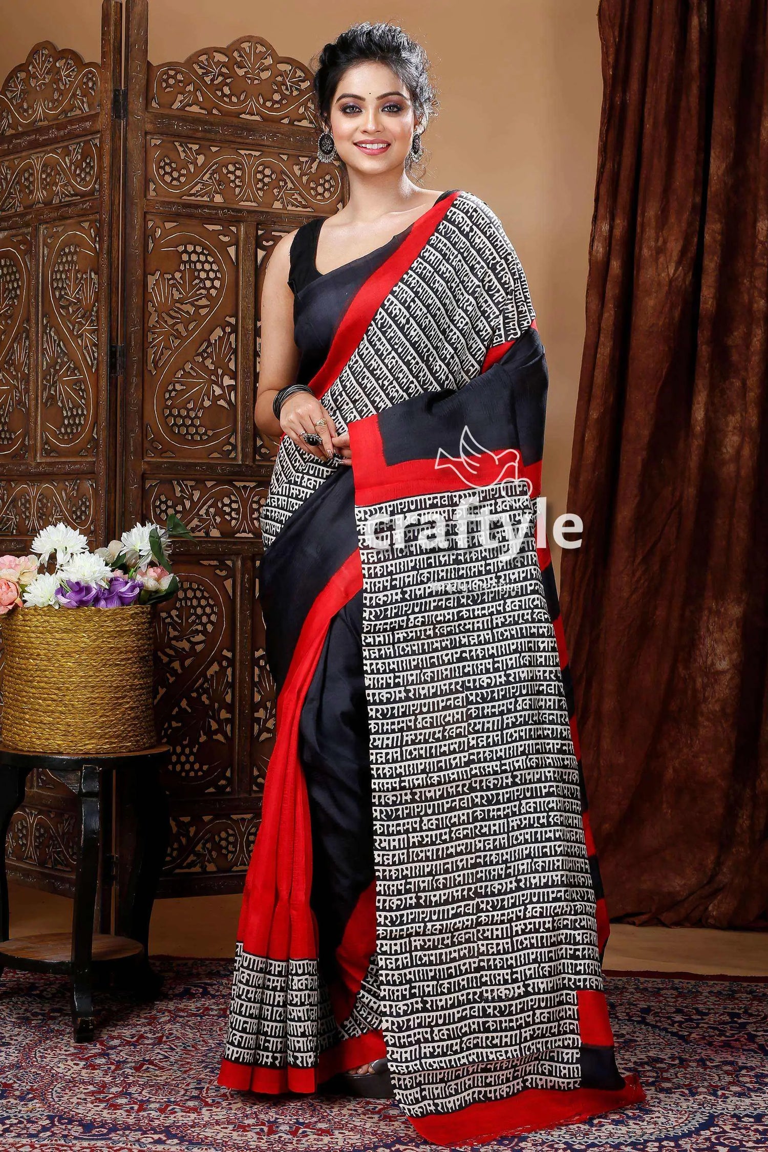 Red & ebony black hand block pure mulberry silk saree woman black red white saree 1