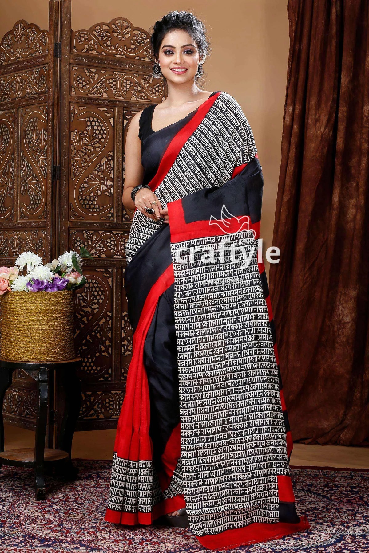 Red & ebony black hand block pure mulberry silk saree woman white 1