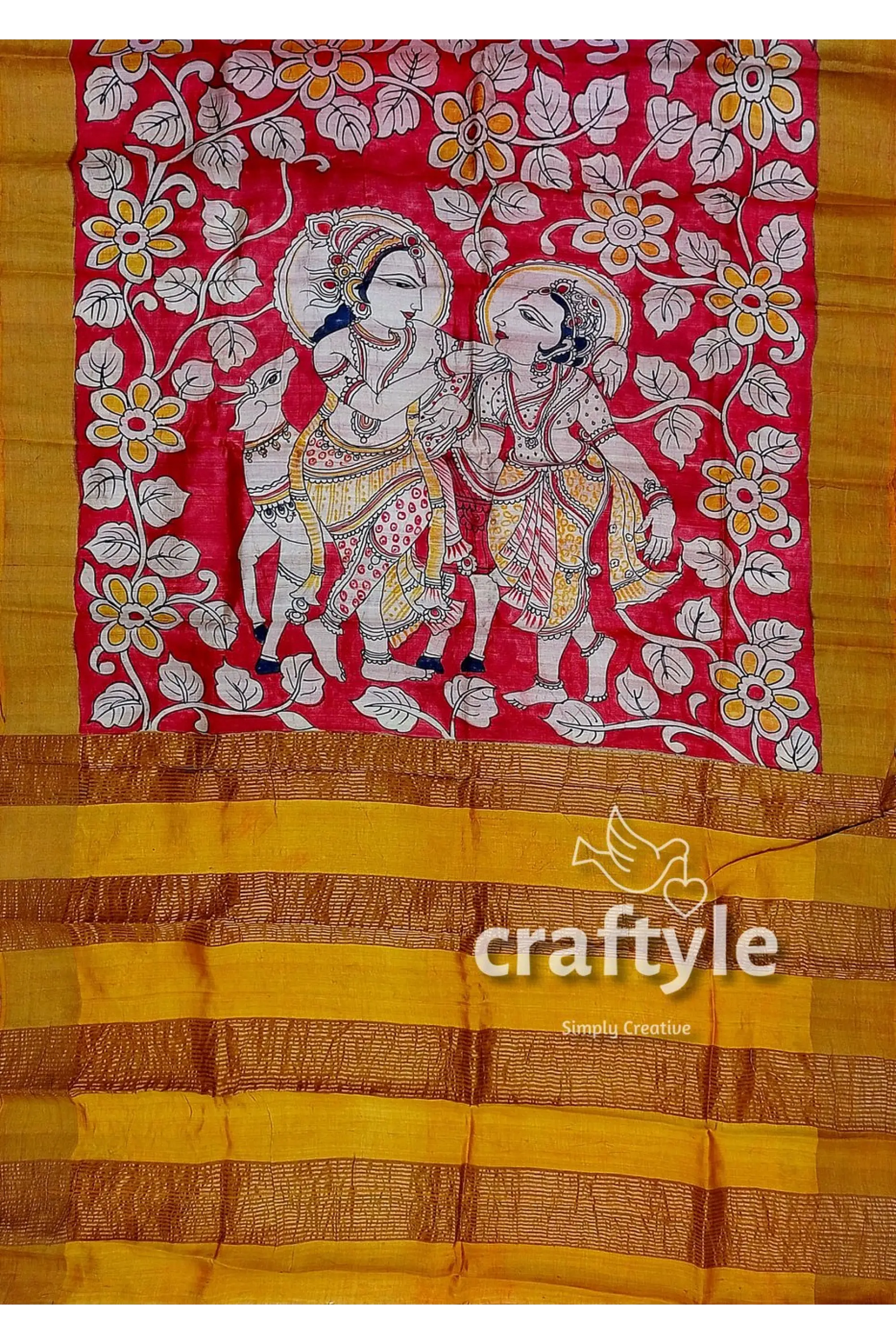 Red hand painted zari border pure tussar kalamkari sari - ethnic indian design hand-painted silk saree 6