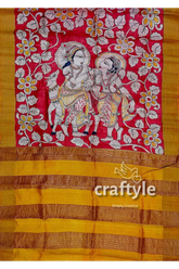 Red hand painted zari border pure tussar kalamkari sari - ethnic indian design hand-painted silk saree 6