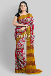 Red hand painted zari border pure tussar kalamkari sari - ethnic indian design woman red yellow floral saree 1