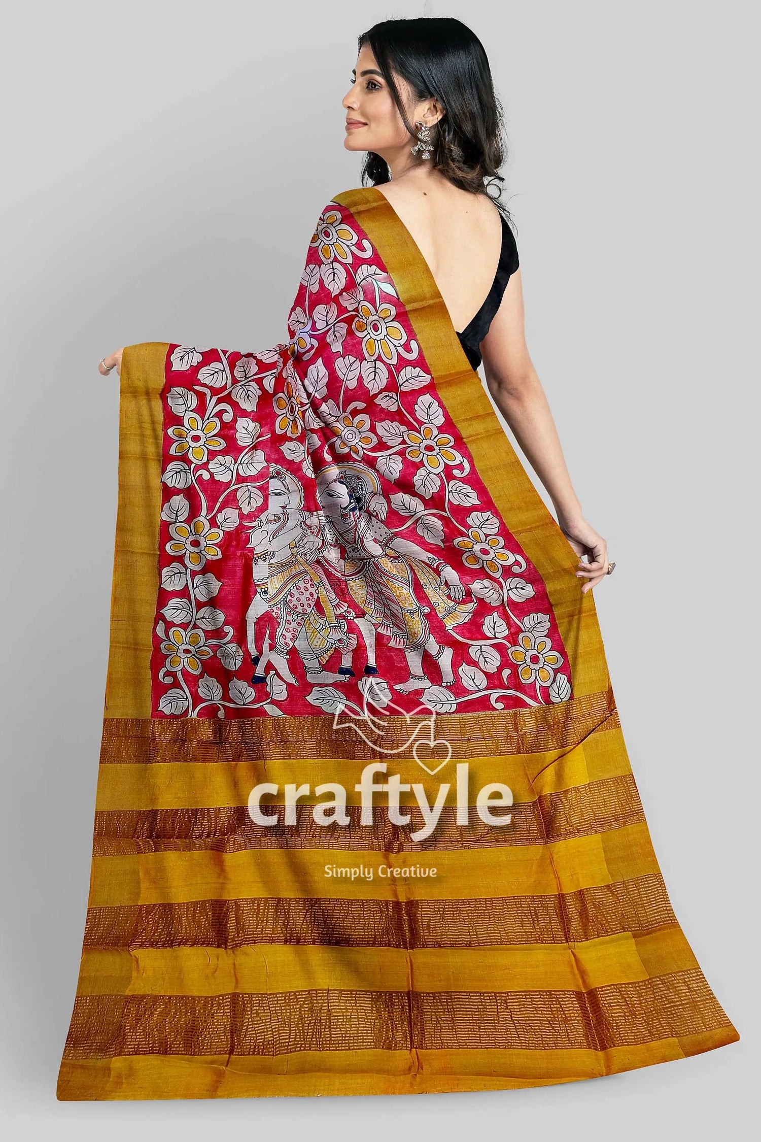 Red hand painted zari border pure tussar kalamkari sari - ethnic indian design red yellow patterned saree 5