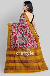 Red hand painted zari border pure tussar kalamkari sari - ethnic indian design red yellow patterned saree 5