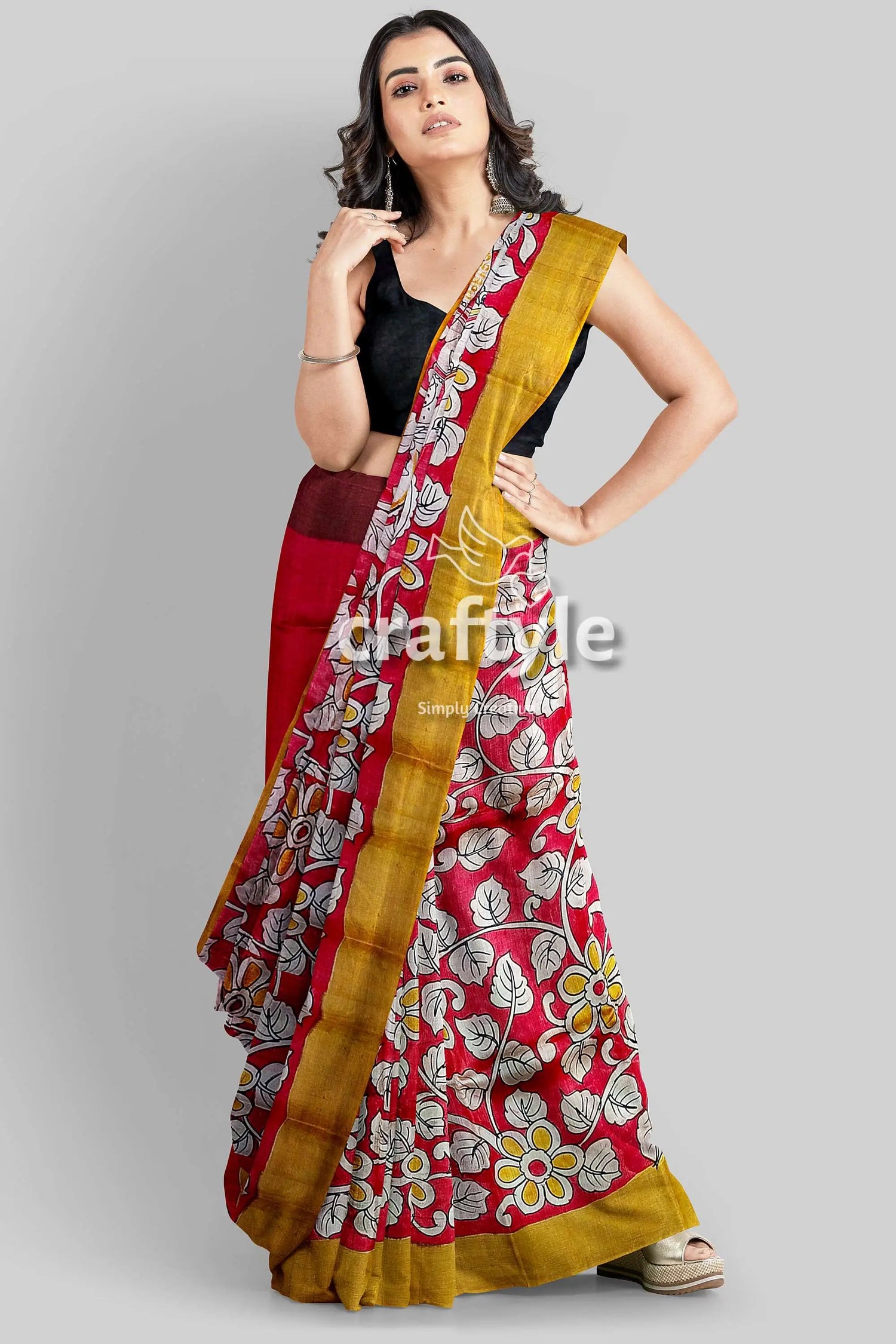 Red hand painted zari border pure tussar kalamkari sari - ethnic indian design woman red floral saree 4