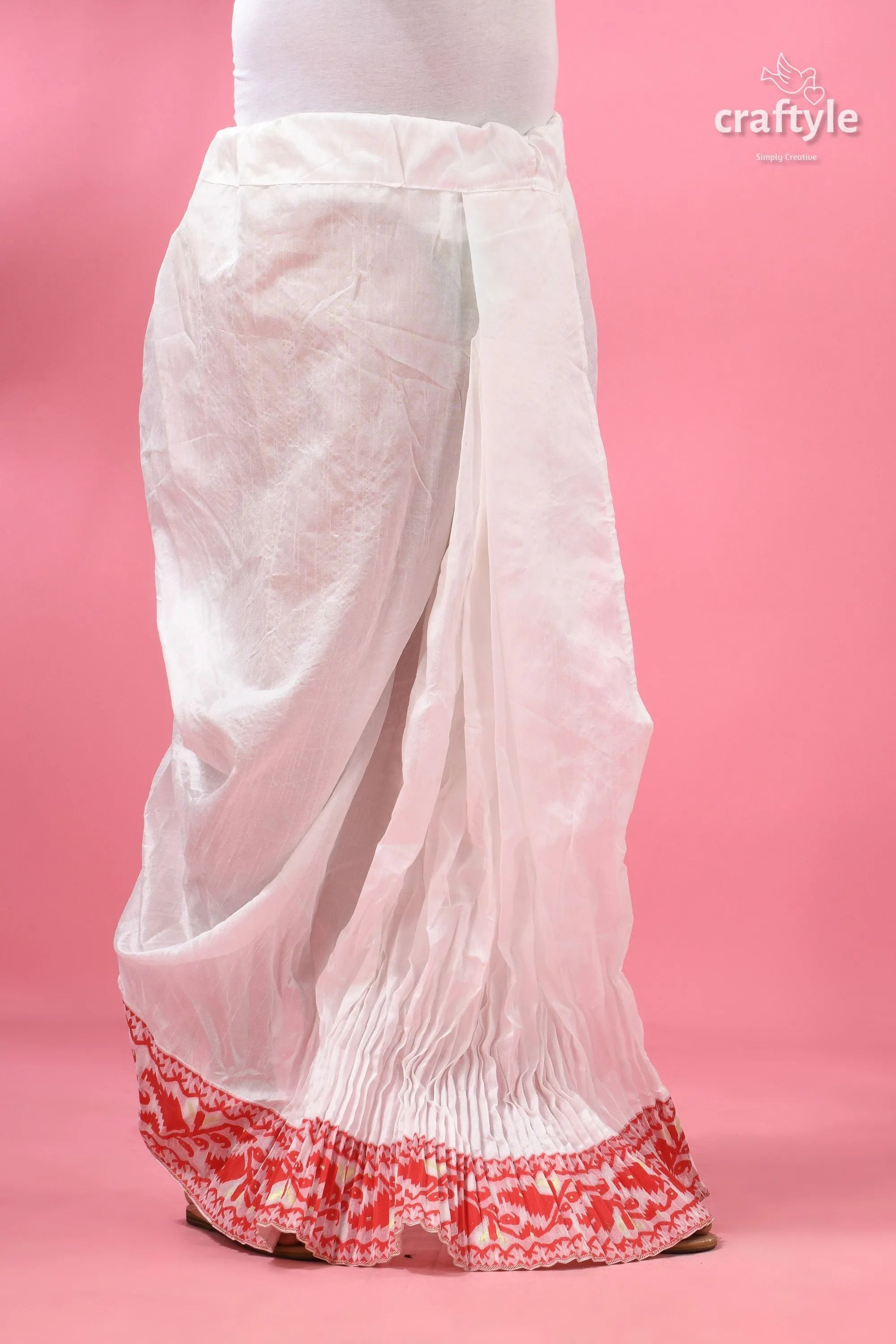 Red jamdani border mayur puccha silk dhoti - ready to wear white cotton skirt red floral 2