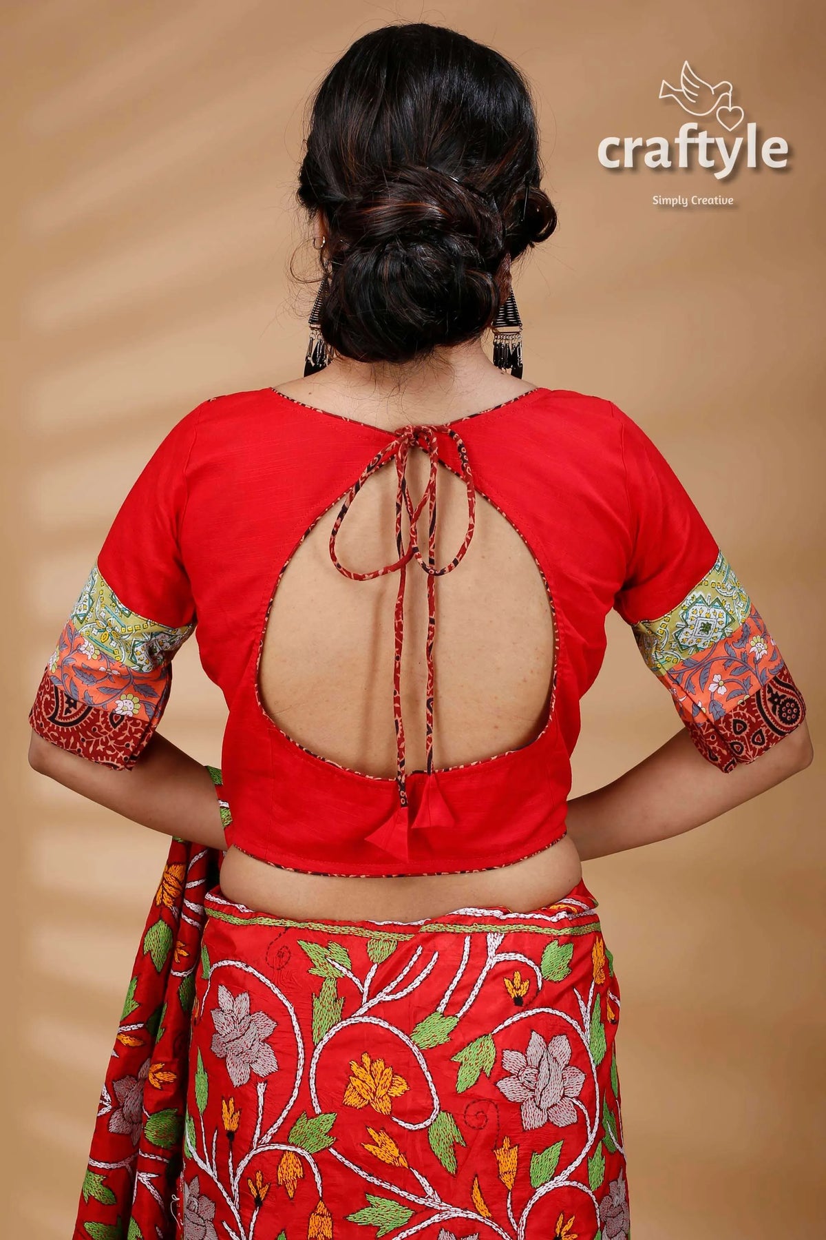 Red kalamkari printed designer cotton blouse embroidered sleeves cutout 2