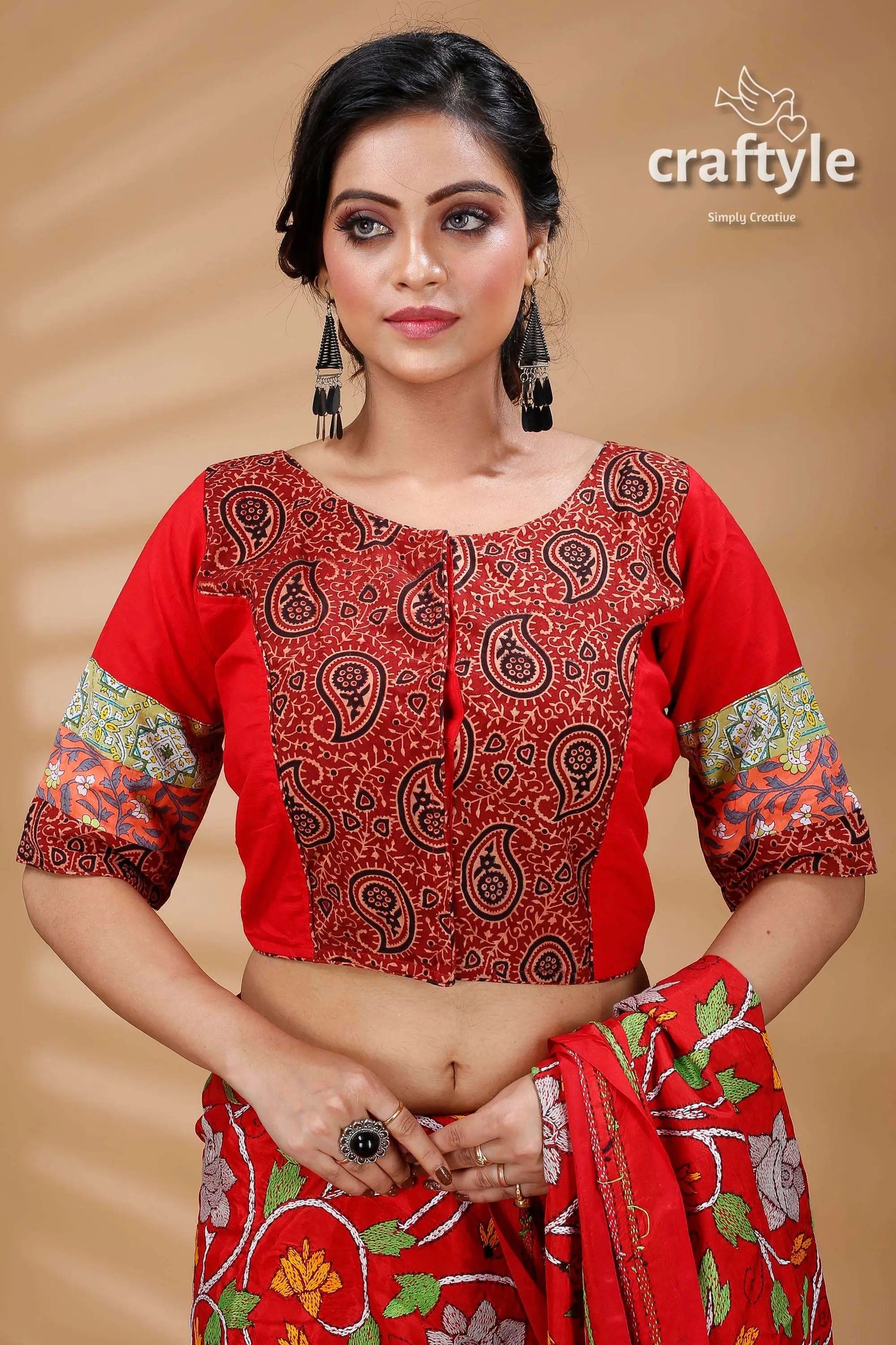 Red kalamkari printed designer cotton blouse red paisley-patterned blouse 4