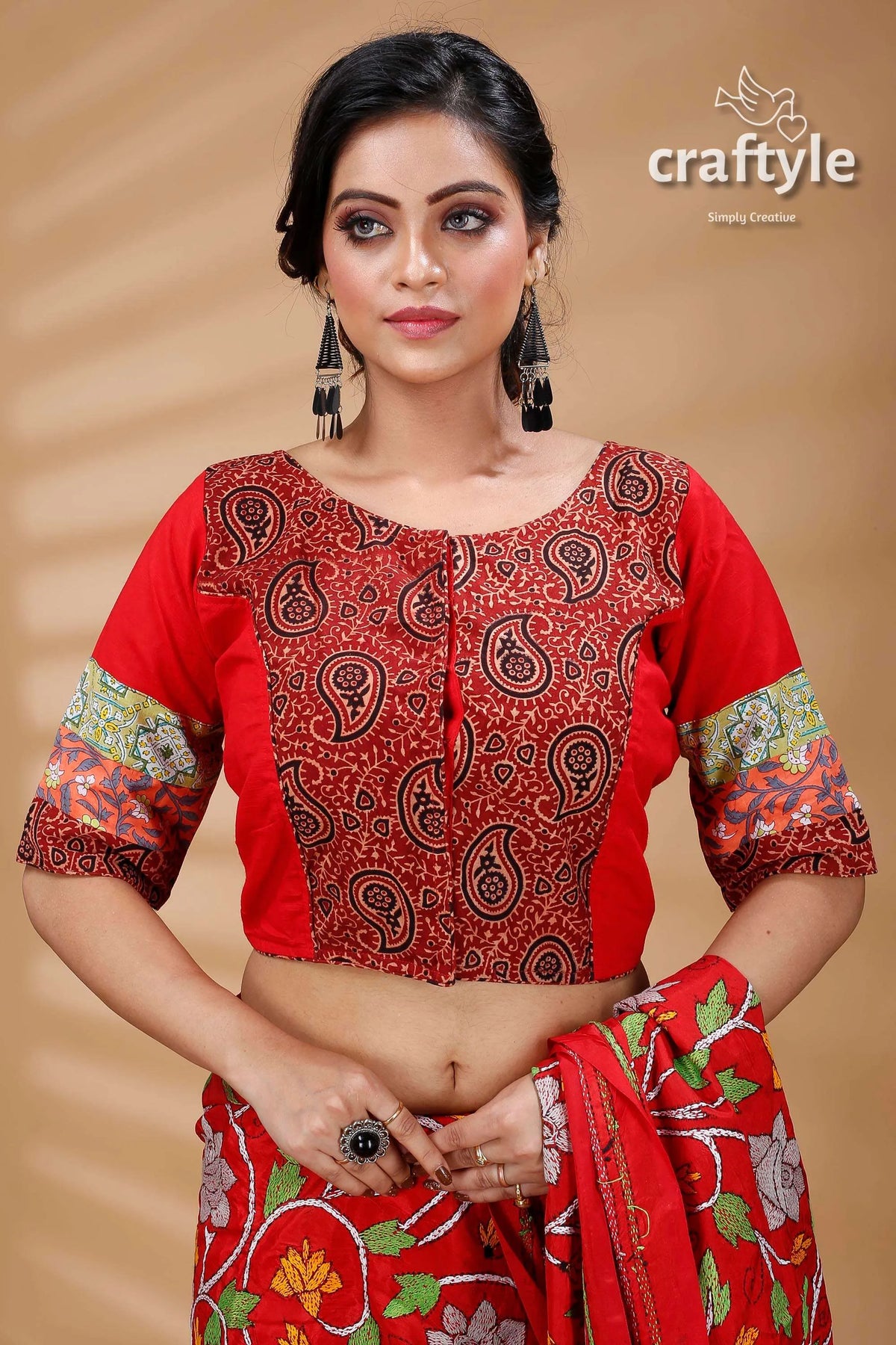 Red kalamkari printed designer cotton blouse paisley-patterned 4