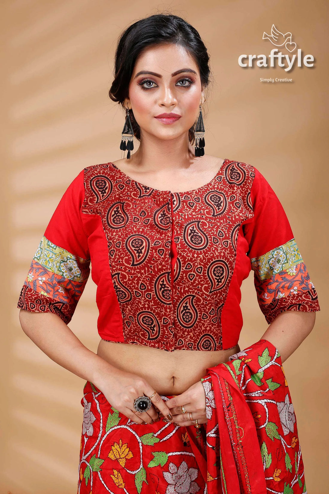 Red kalamkari printed designer cotton blouse paisley-patterned 1