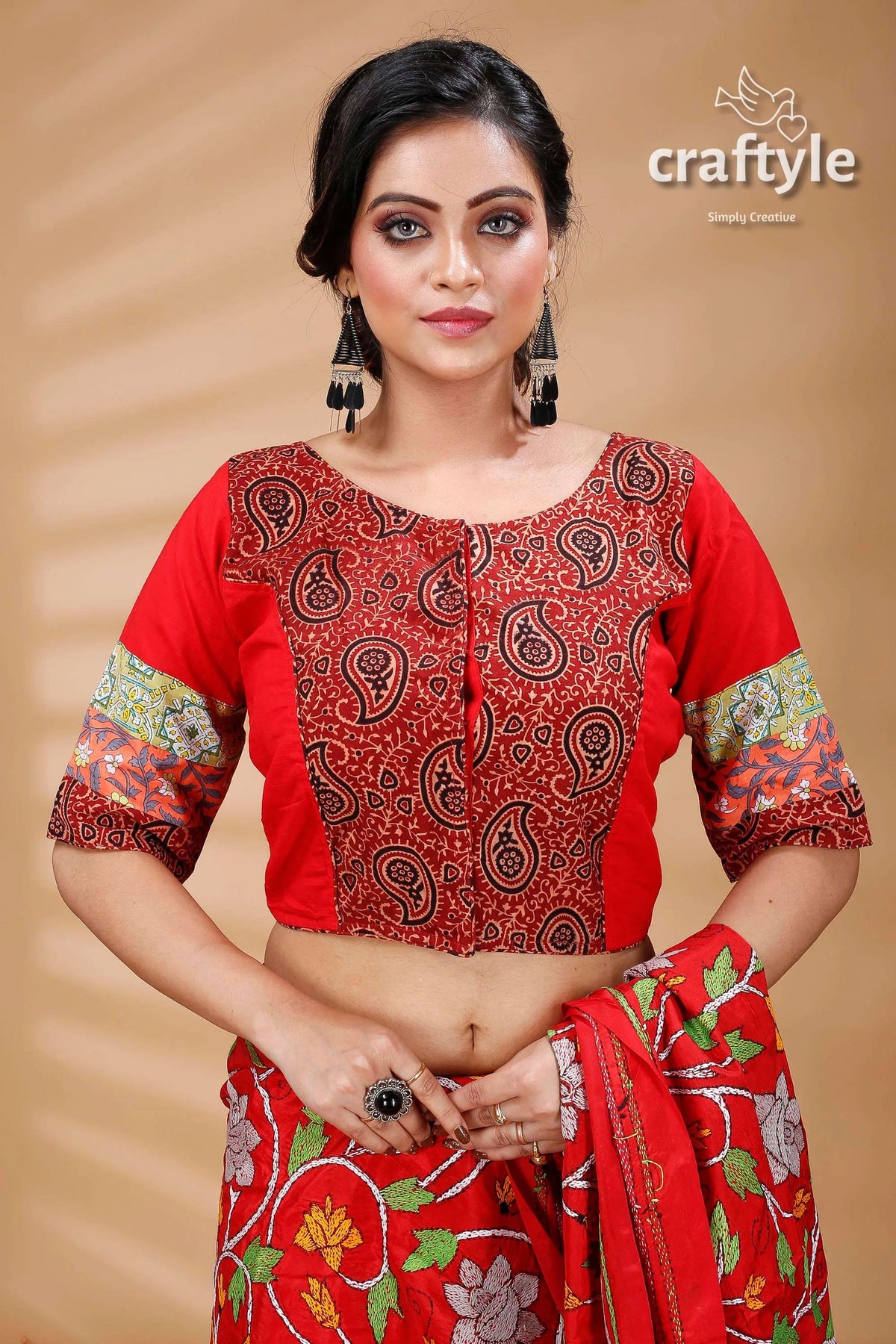 Red kalamkari printed designer cotton blouse paisley-patterned 1