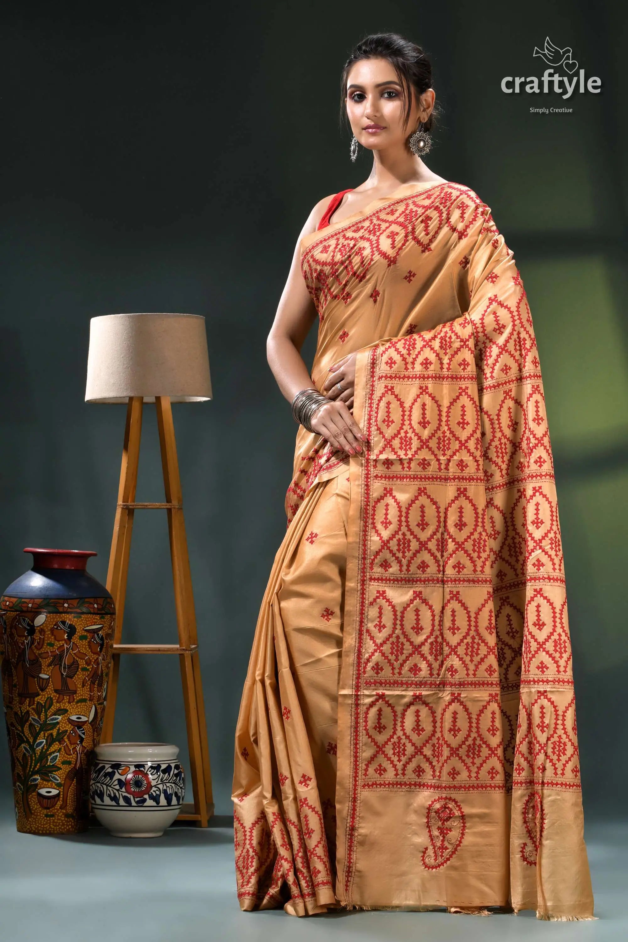 Red thread embroidery tan color handmade gujrati stitch silk saree gold orange saree intricate red 3