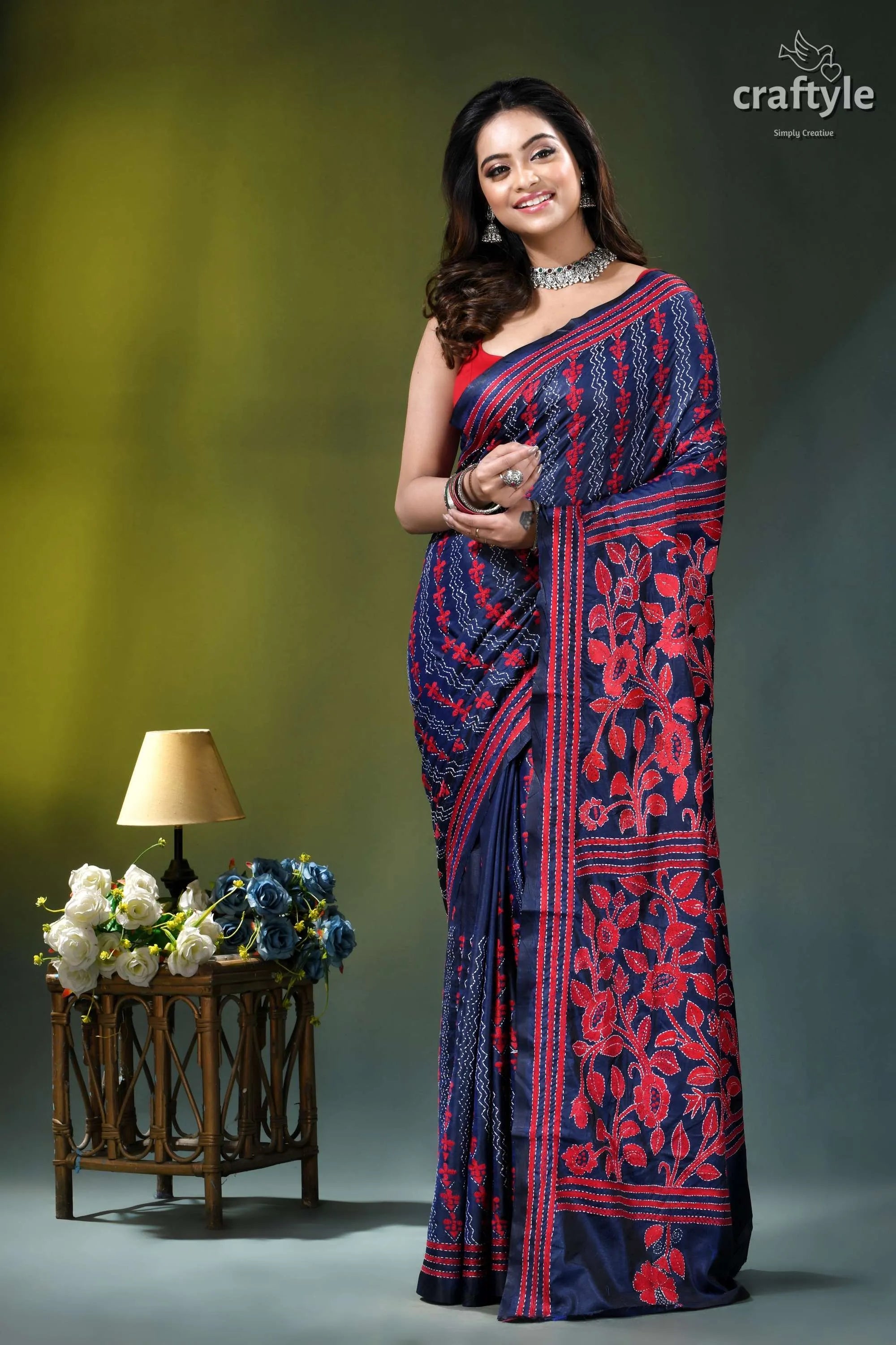 Red thread floral silk kantha work saree in midnight blue woman wears navy blue saree 5
