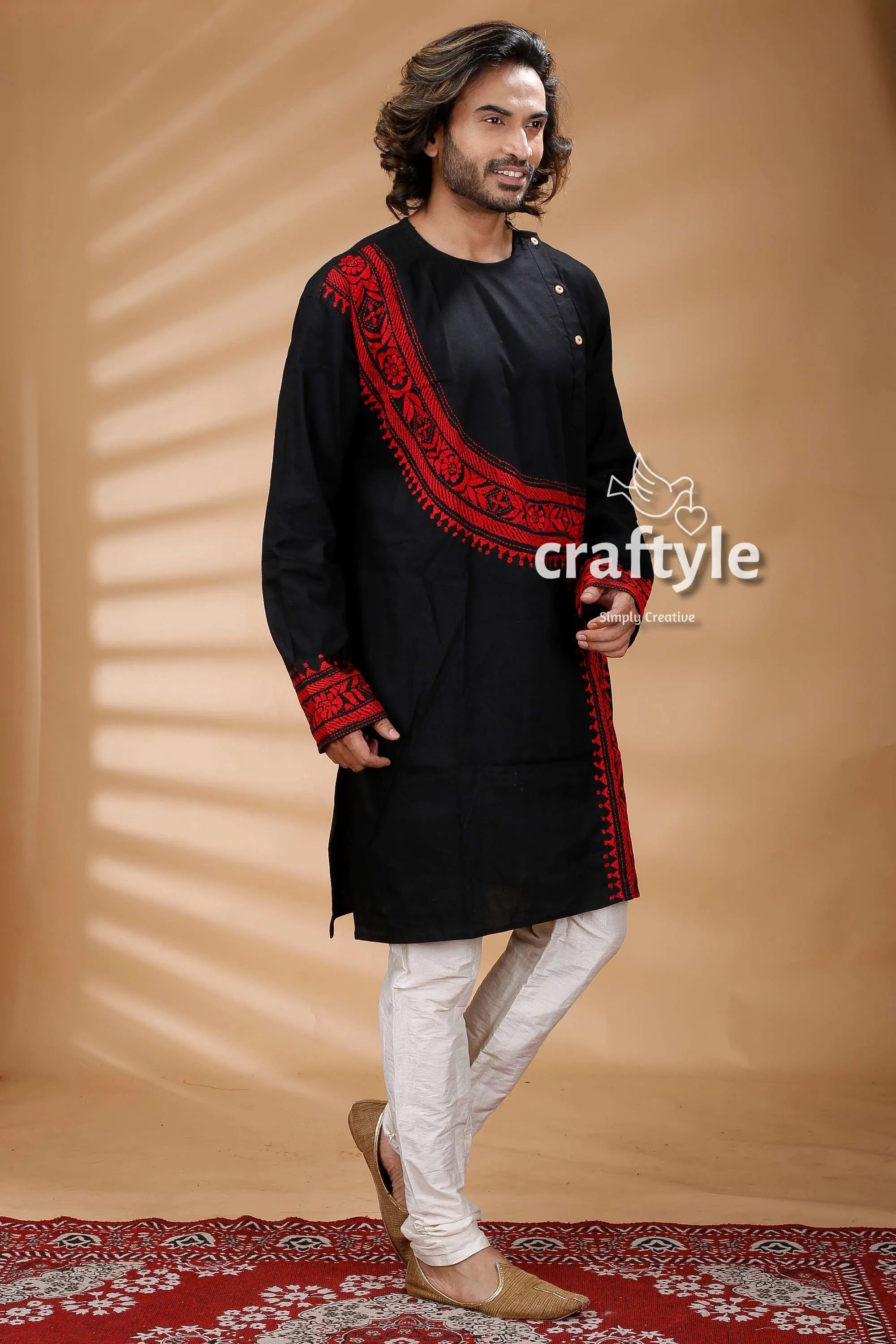 Red thread work black kantha stitch cotton panjabi for men kurta intricate 3