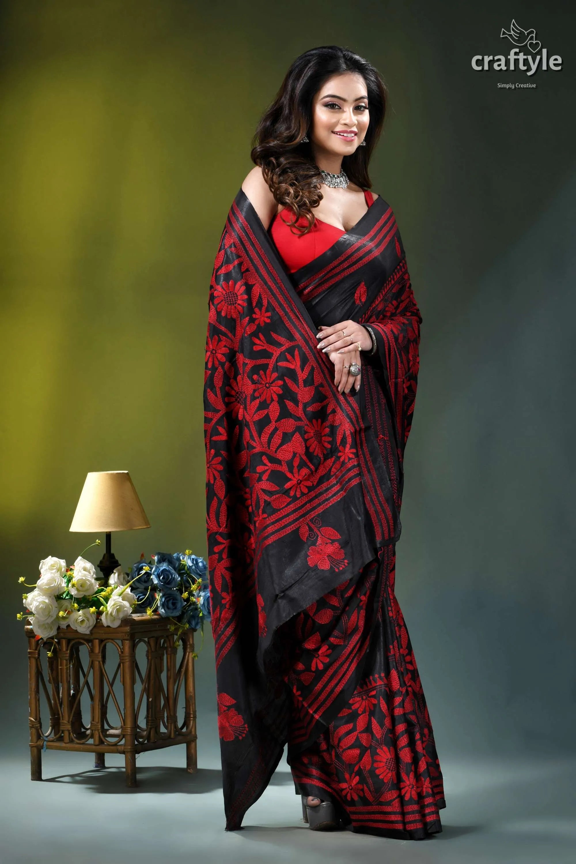 Red thread work floral motif silk kantha stitch saree in black black red floral-patterned saree intricate 5