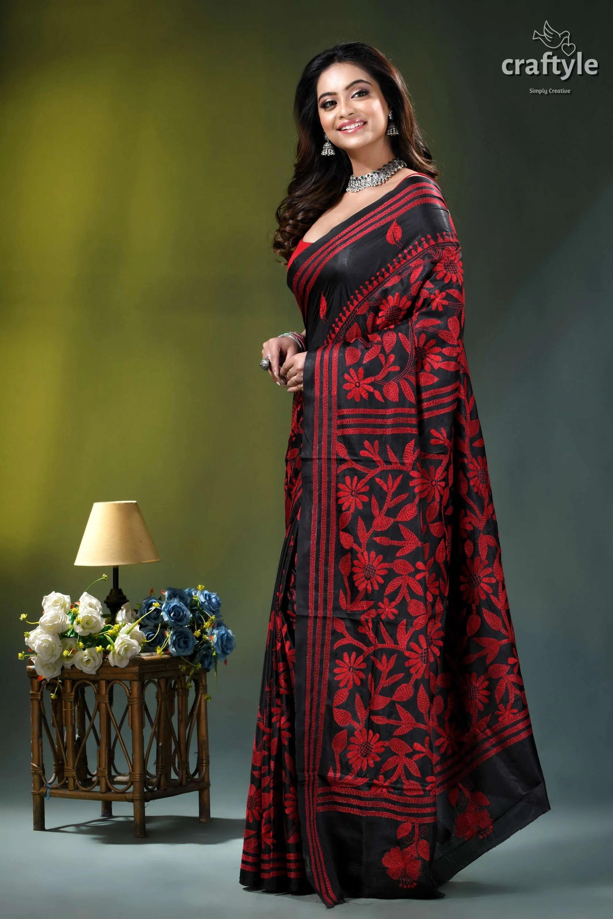 Red thread work floral motif silk kantha stitch saree in black black red floral-patterned saree intricate 3