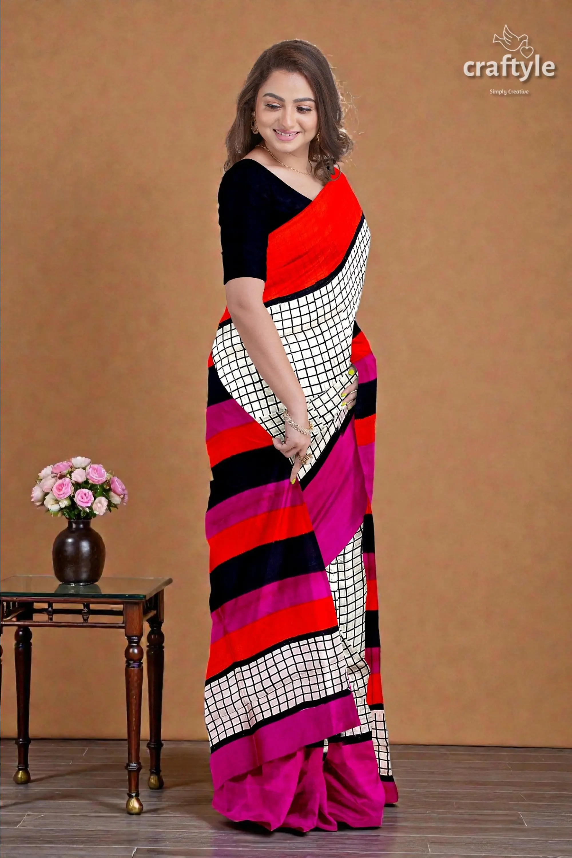 Red violet mulberry pure silk saree with hand block print and check design 4