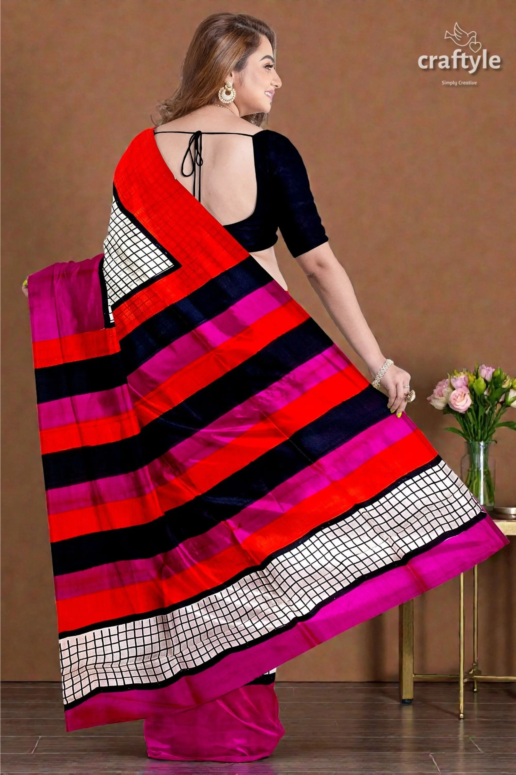 Red violet mulberry pure silk saree with hand block print and check design 5