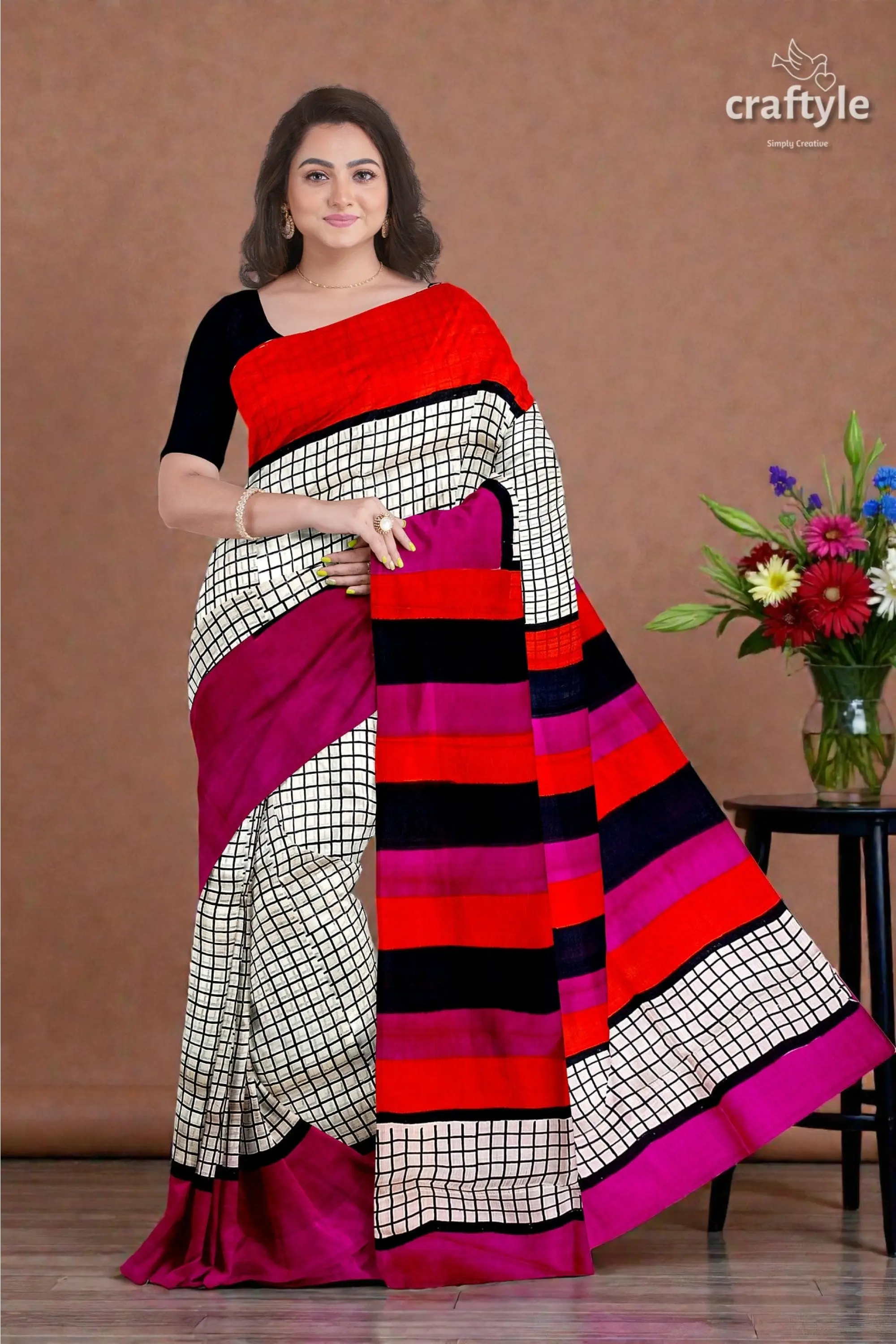 Red violet mulberry pure silk saree with hand block print and check design 3