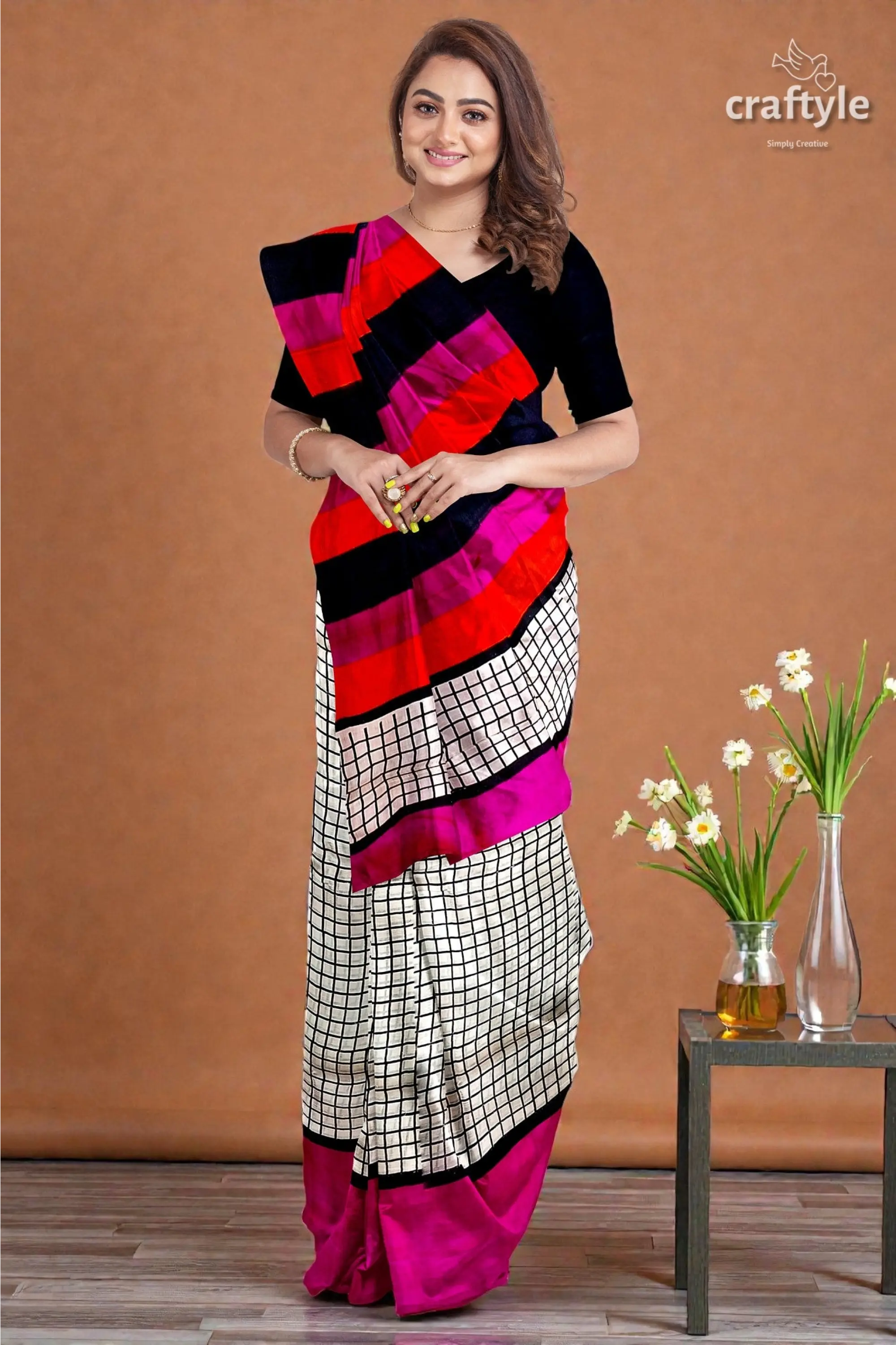 Red violet mulberry pure silk saree with hand block print and check design 1