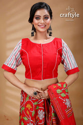 Red & white boutique designer cotton blouse red blouse patterned sleeves 1