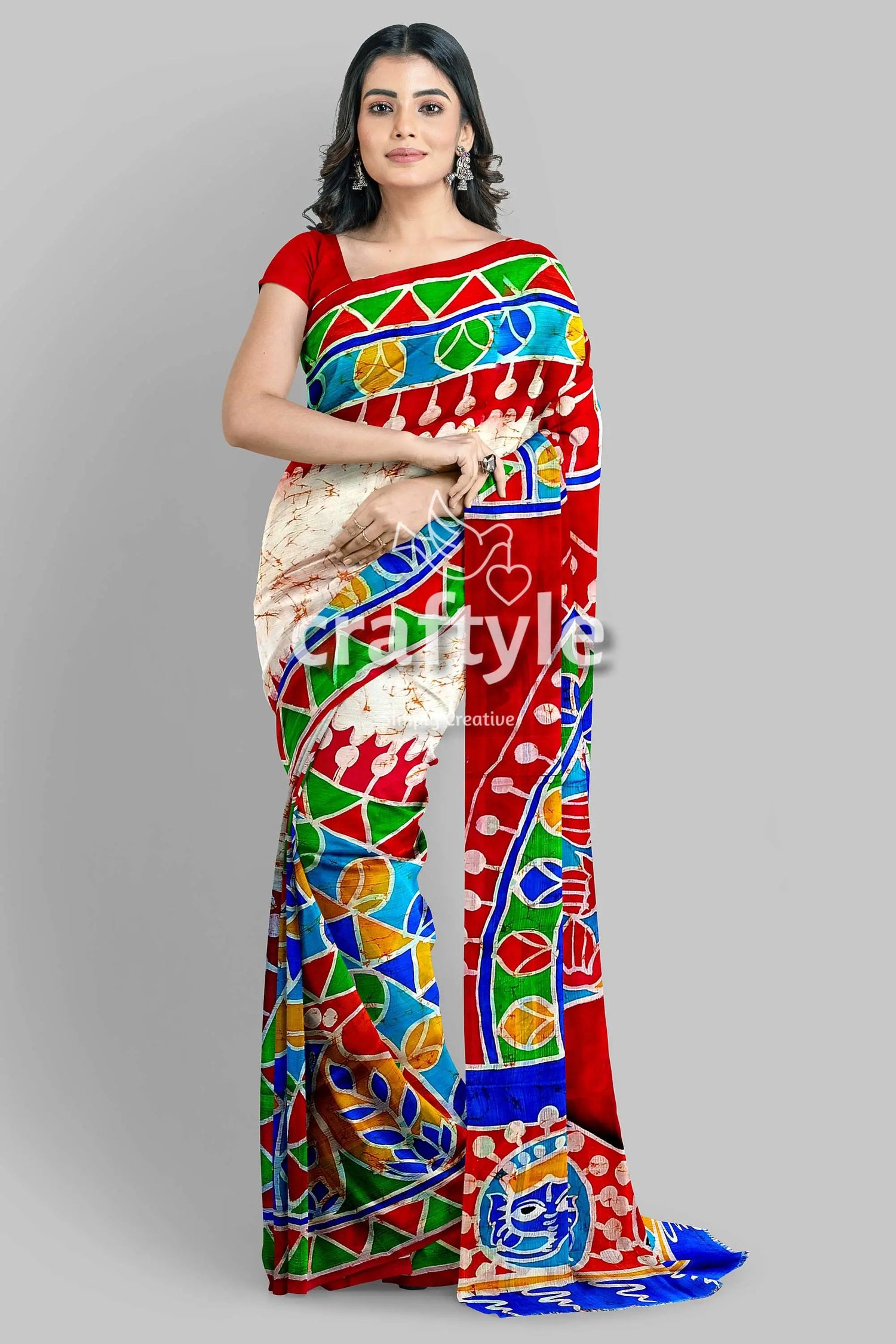 Red white goddess durga handpainted batik silk saree - pure mulberry woman colorful saree 3