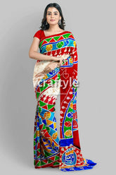 Red white goddess durga handpainted batik silk saree - pure mulberry woman colorful saree 3