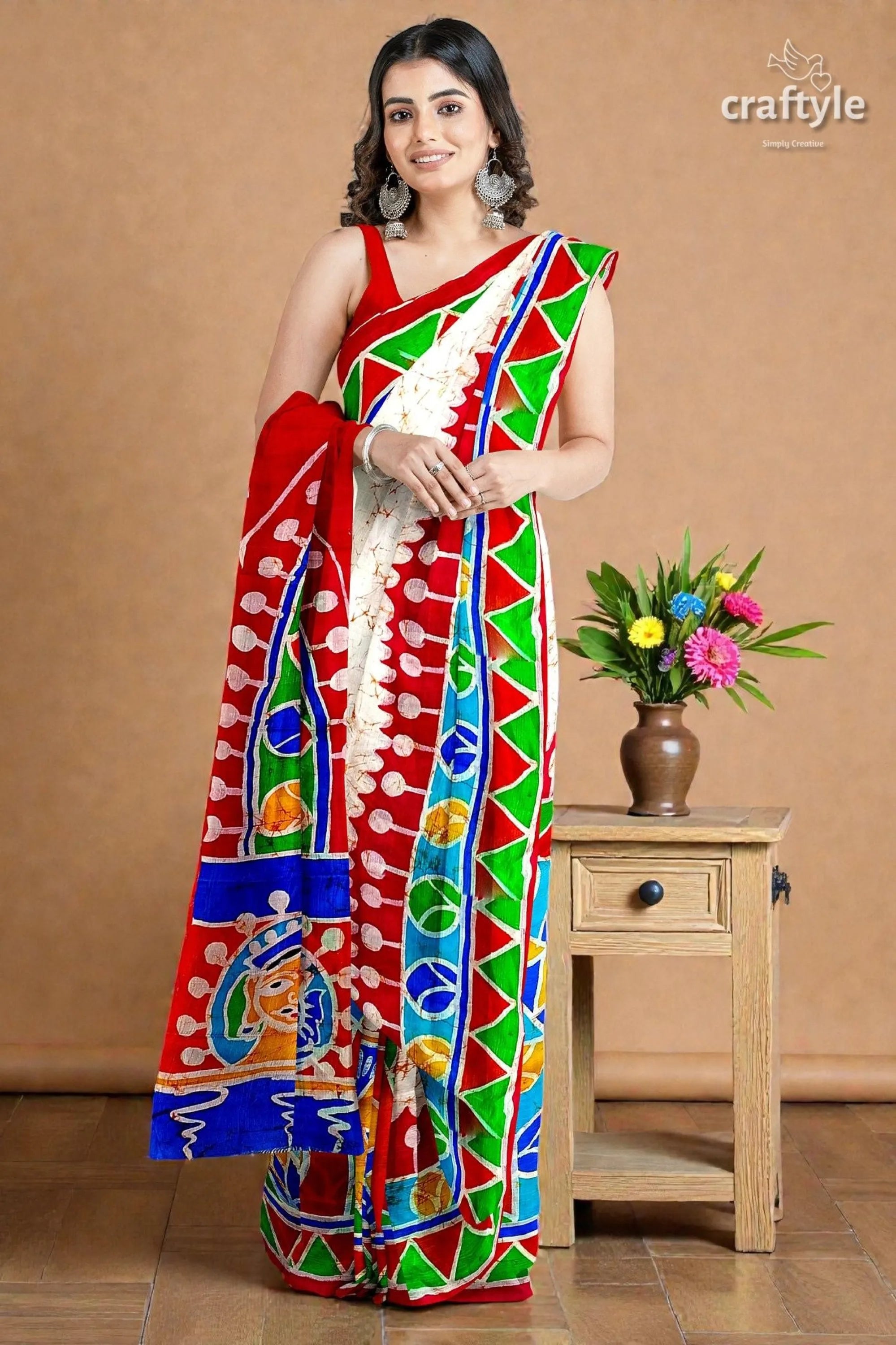 Red white goddess durga handpainted batik silk saree - pure mulberry vibrant red green blue hand-painted 1