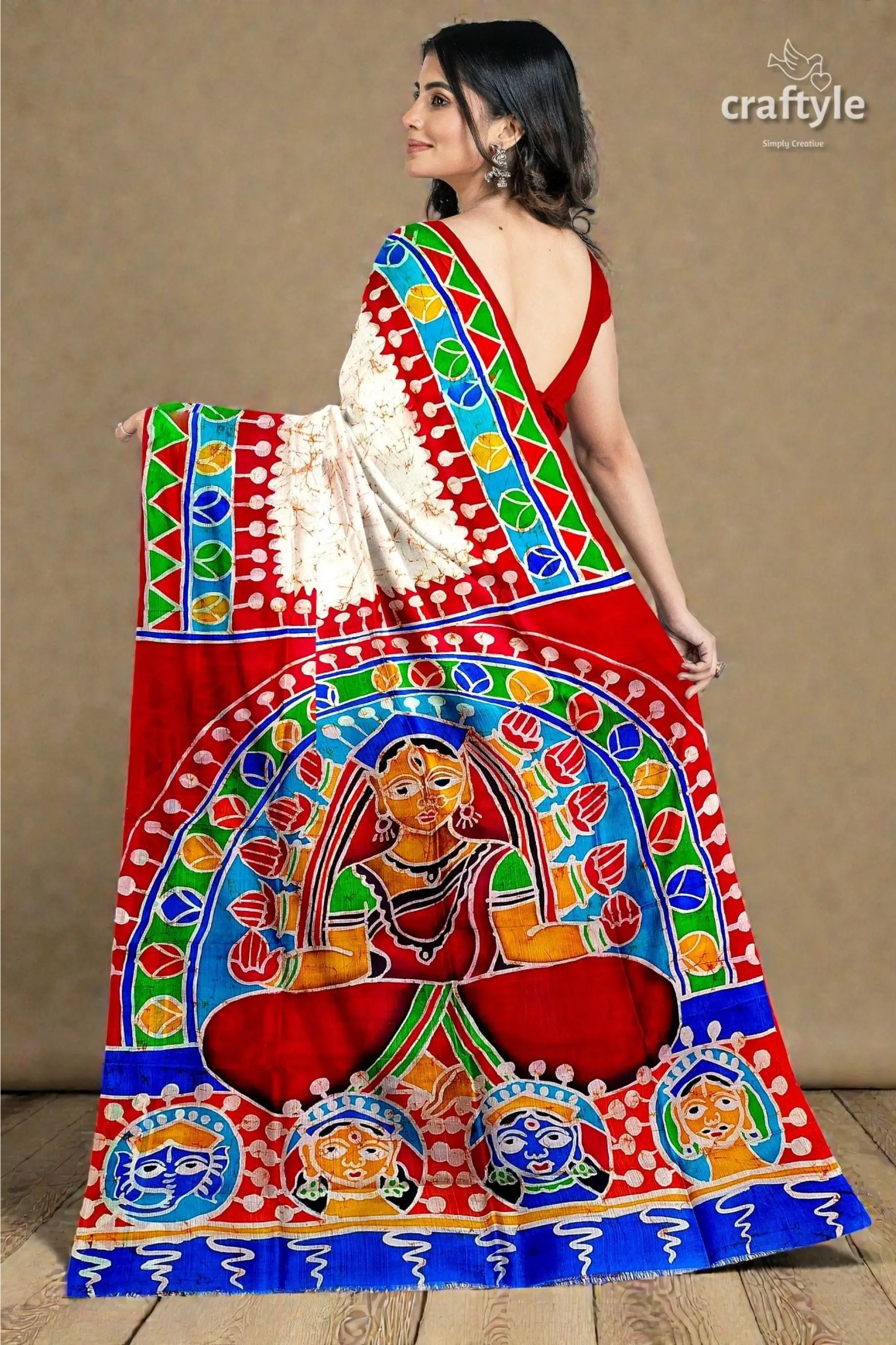 Red white goddess durga handpainted batik silk saree - pure mulberry 3