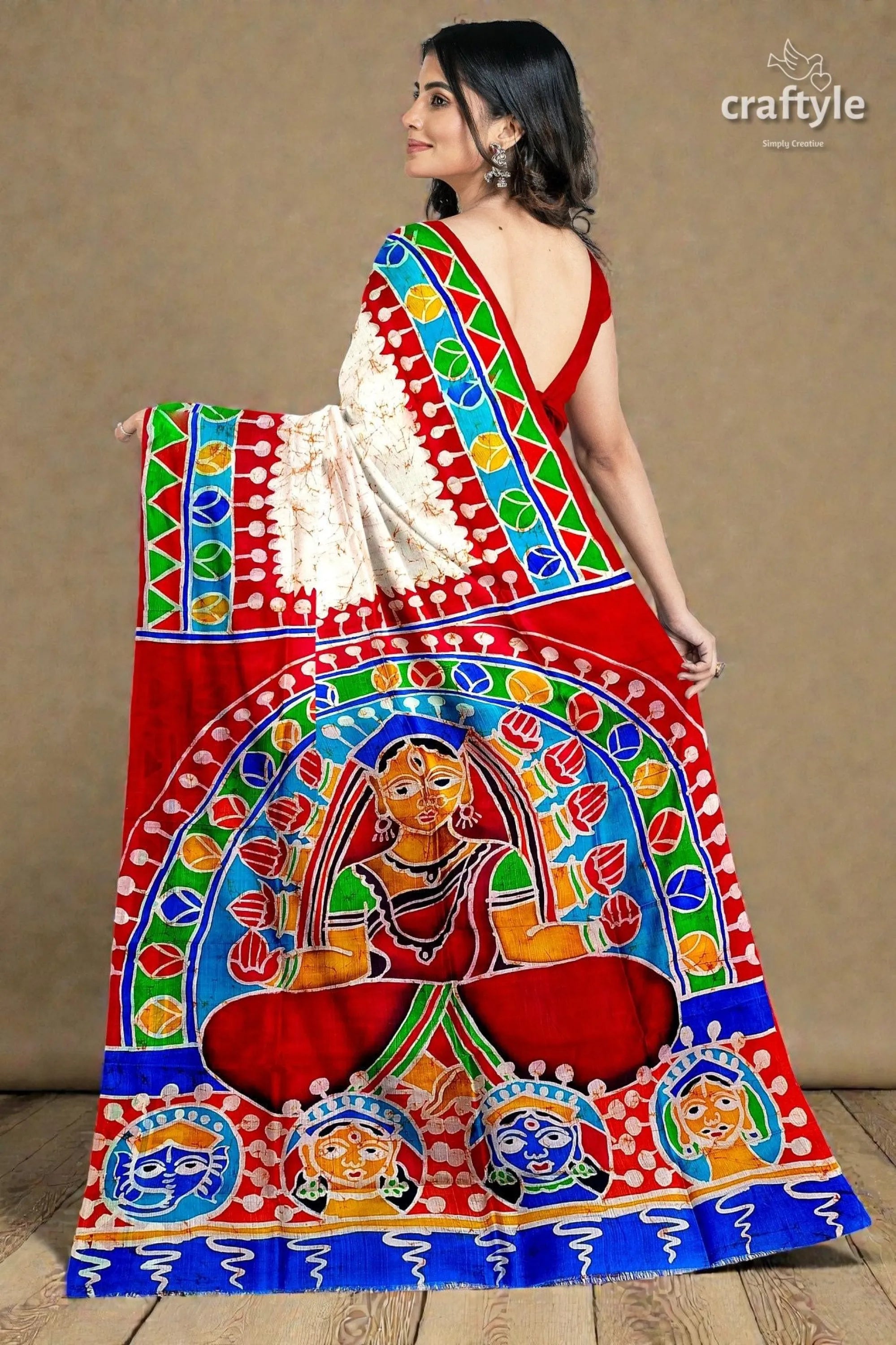 Red white goddess durga handpainted batik silk saree - pure mulberry vibrant red green blue hand-painted 3