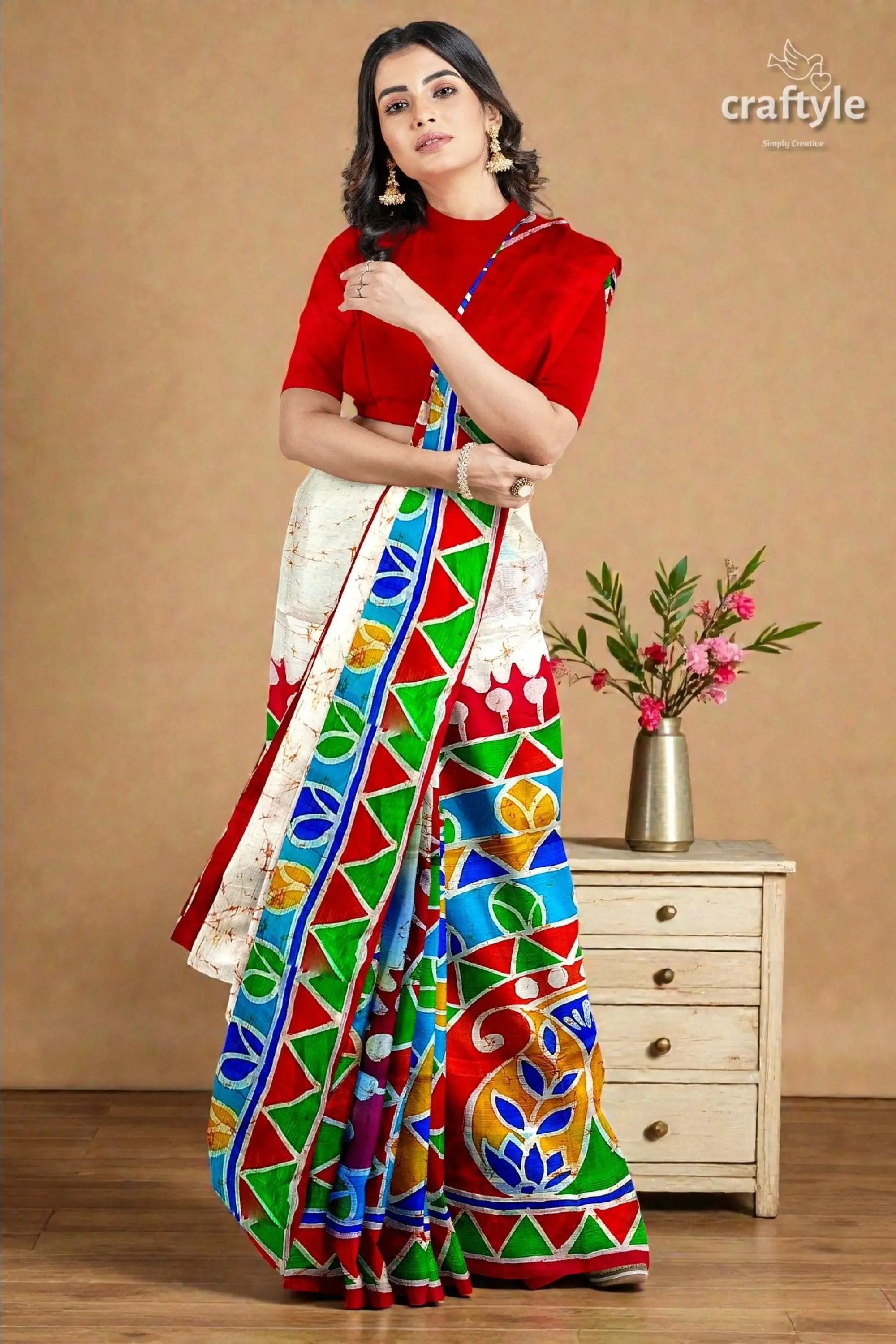 Red white goddess durga handpainted batik silk saree - pure mulberry 6