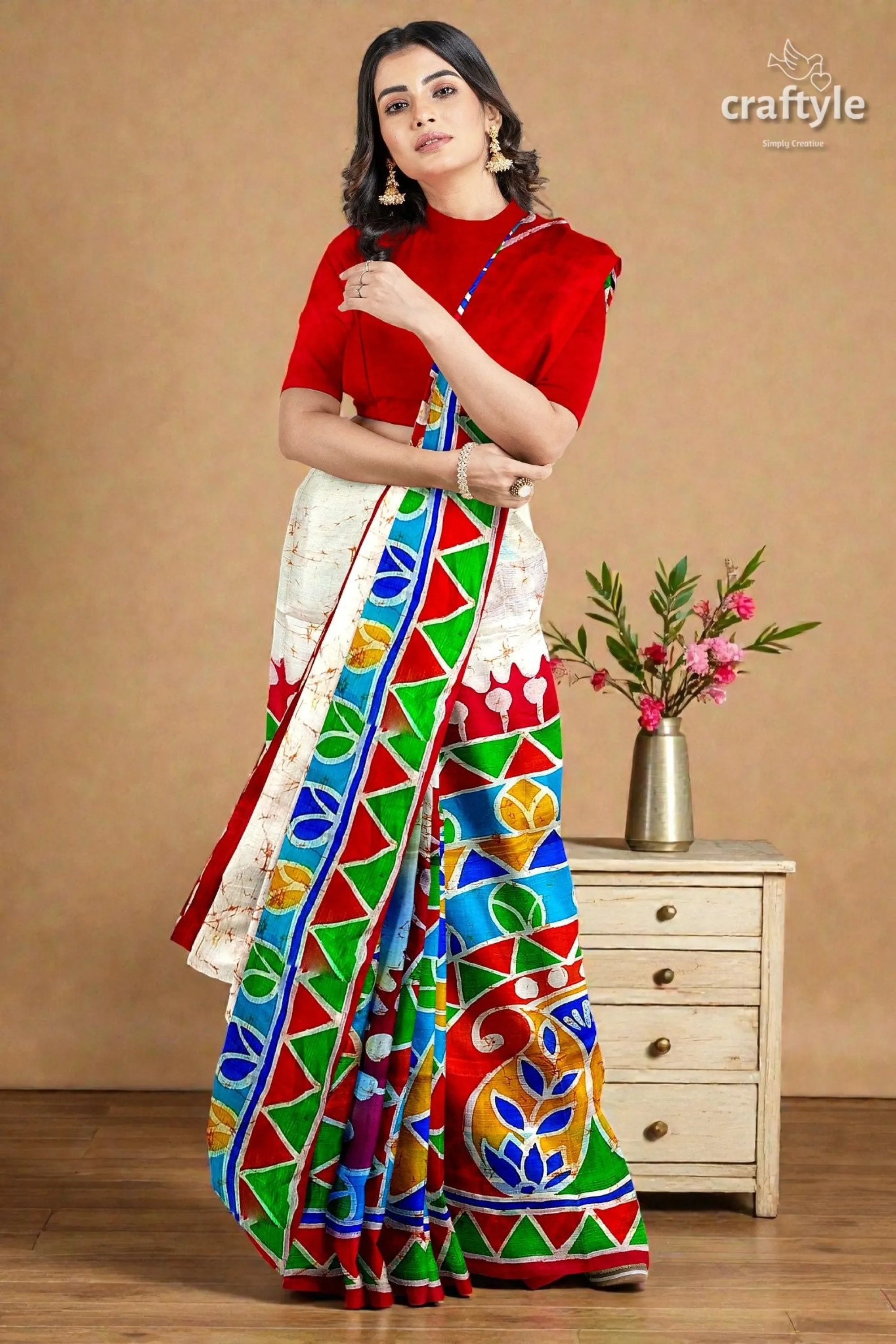 Red white goddess durga handpainted batik silk saree - pure mulberry vibrant intricately patterned saree bold 6