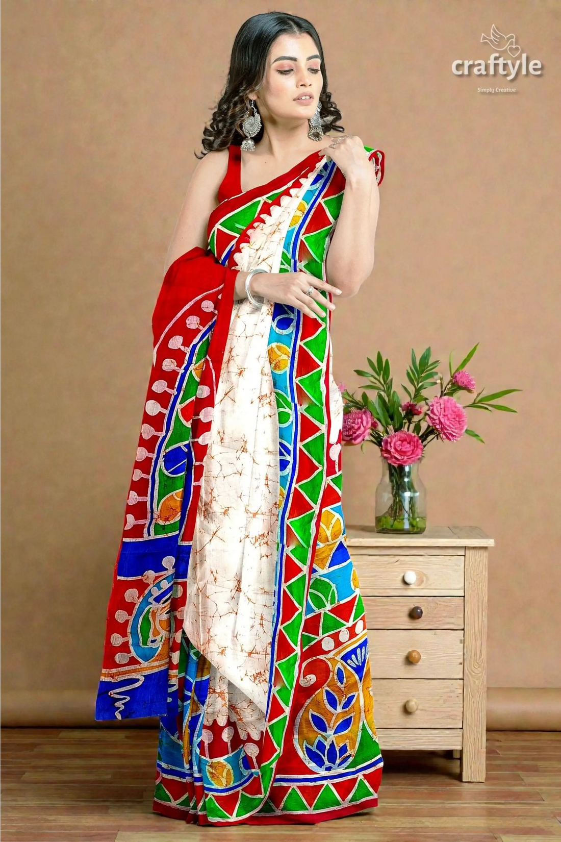 Red white goddess durga handpainted batik silk saree - pure mulberry 2