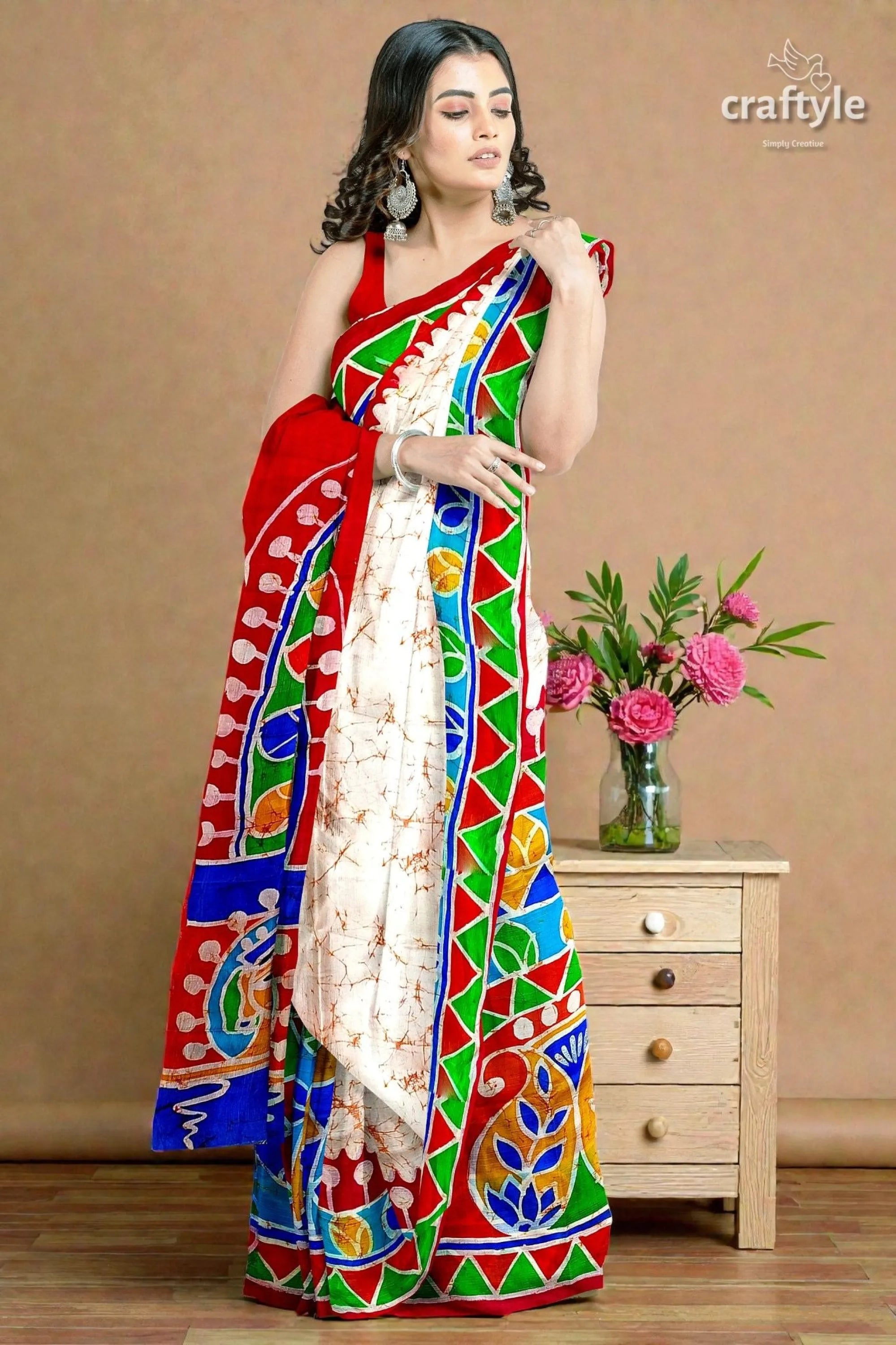 Red white goddess durga handpainted batik silk saree - pure mulberry vibrant red green blue patterned 2
