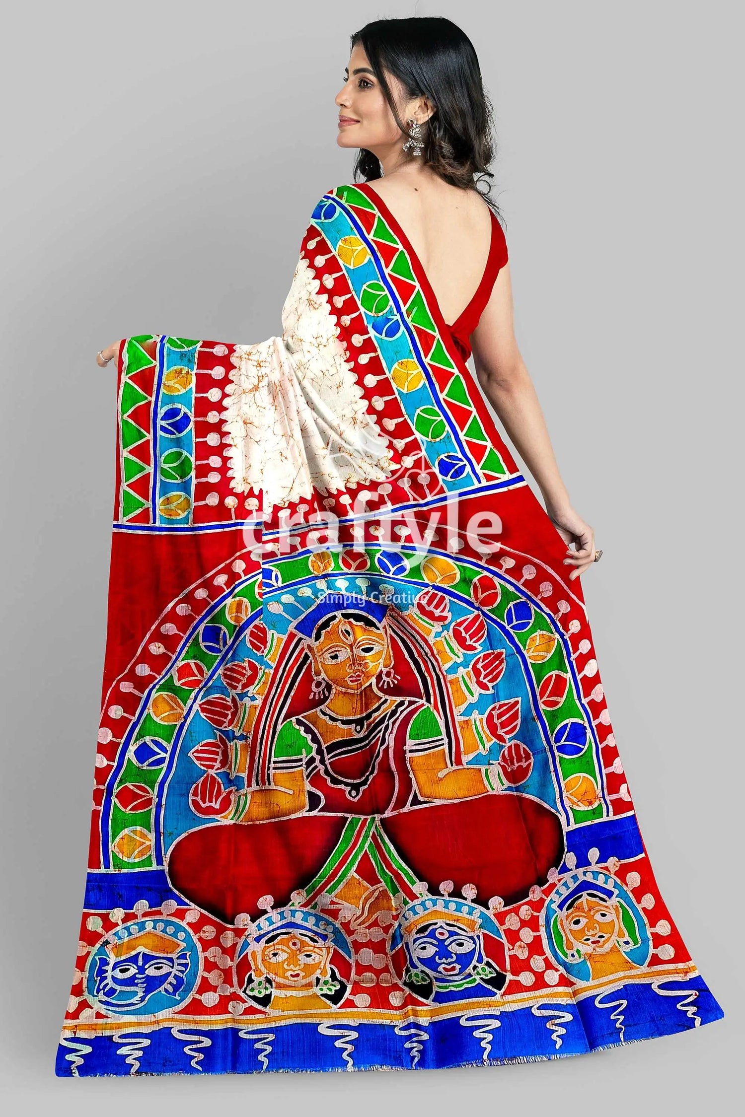 Red white goddess durga handpainted batik silk saree - pure mulberry woman’s colorful patterned saree 5