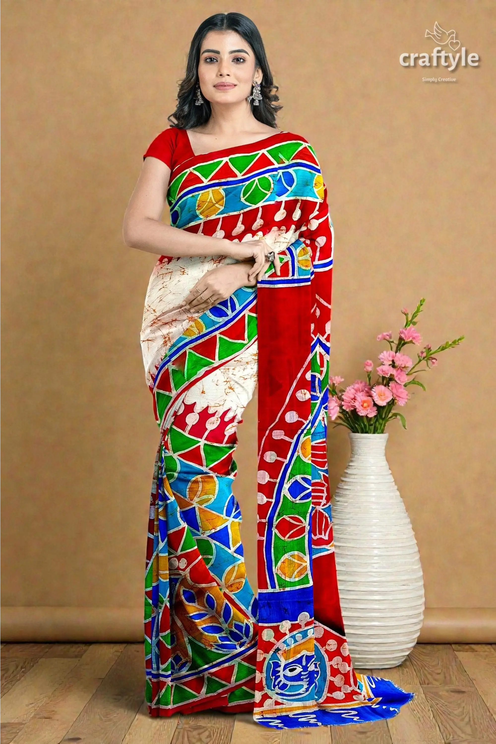 Red white goddess durga handpainted batik silk saree - pure mulberry 4