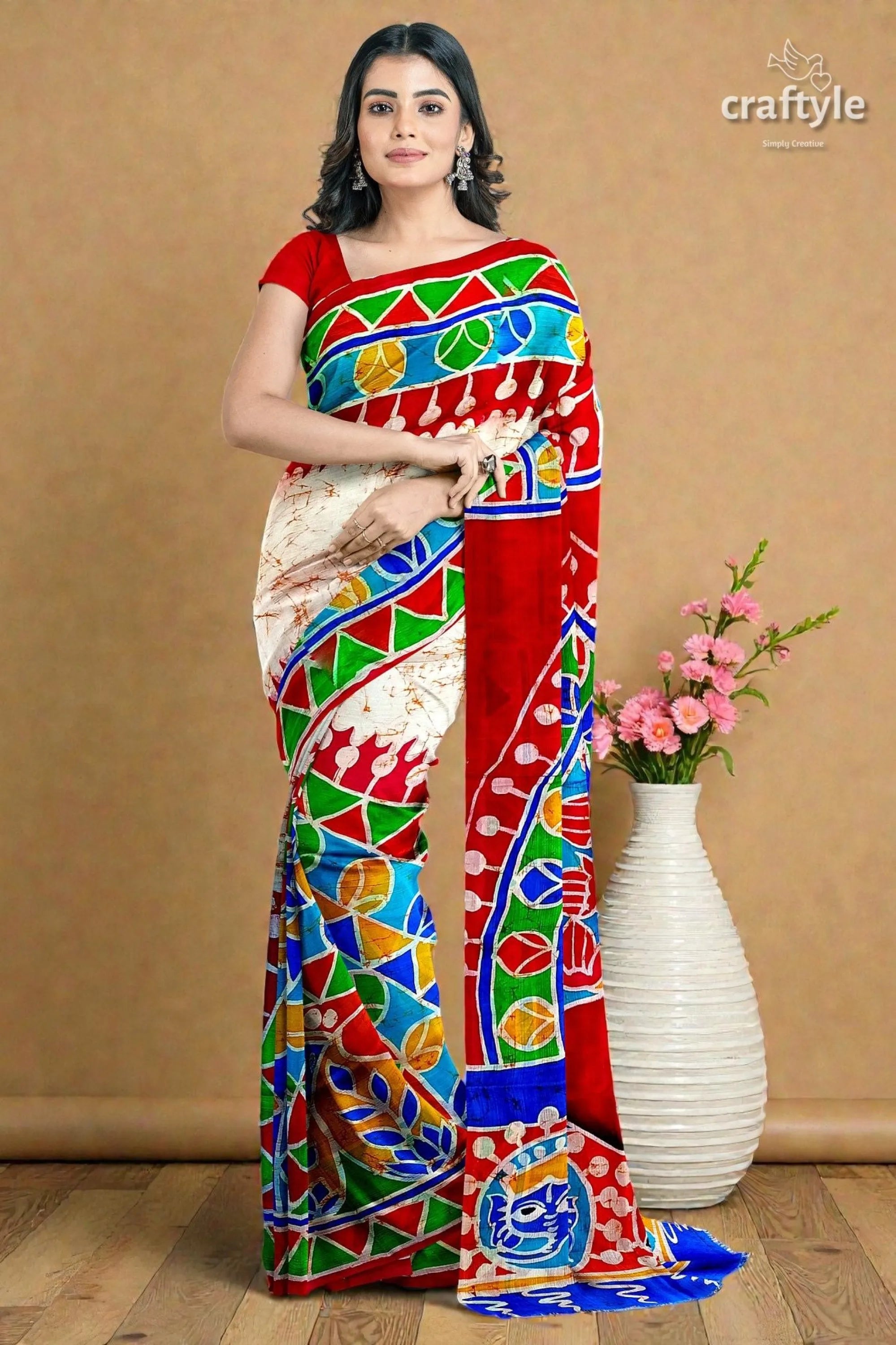 Red white goddess durga handpainted batik silk saree - pure mulberry vibrant red green blue patterned 4