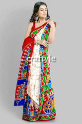 Red white goddess durga handpainted batik silk saree - pure mulberry woman colorful sari 2