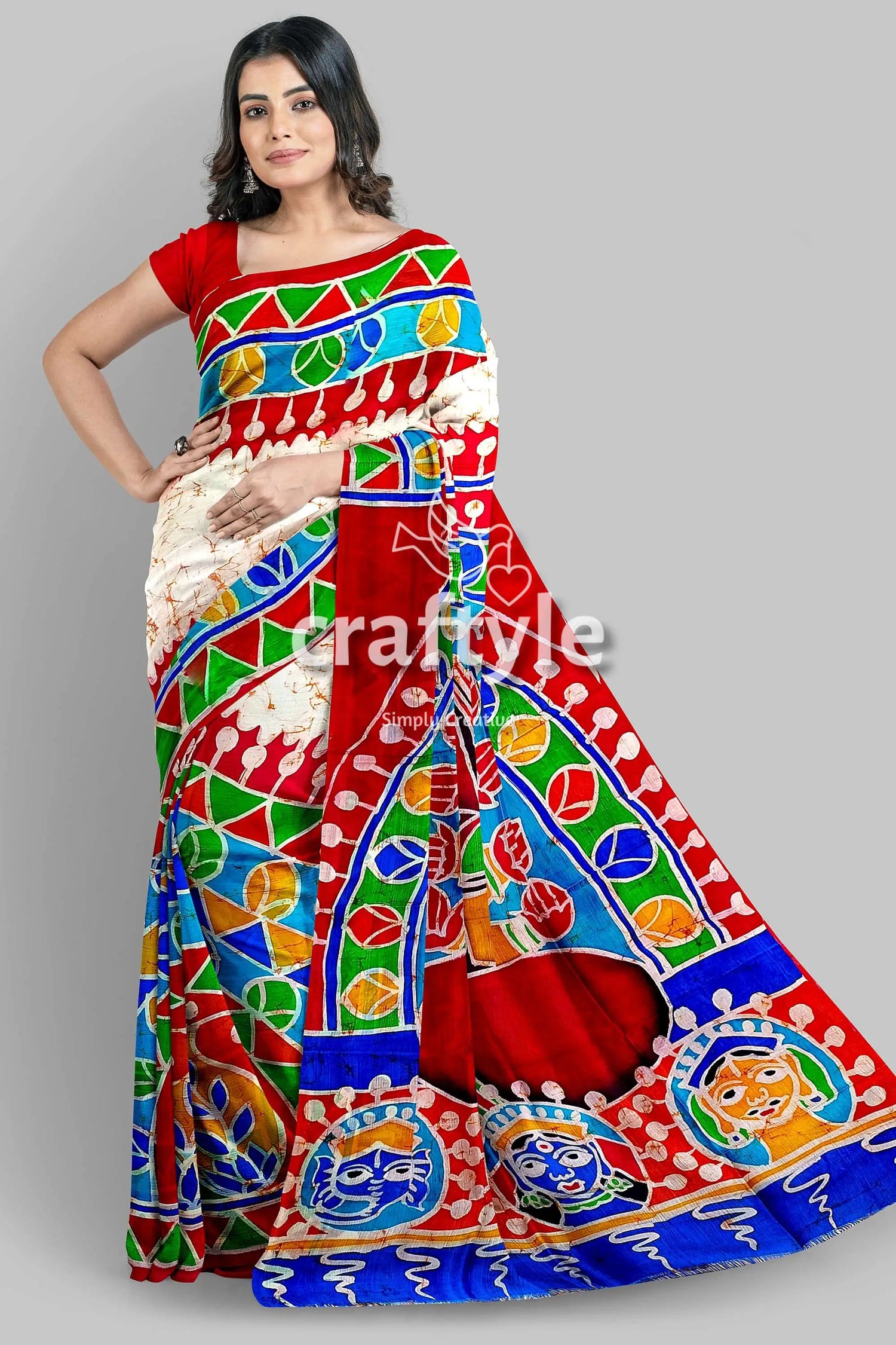 Red white goddess durga handpainted batik silk saree - pure mulberry colorful patterned saree 4