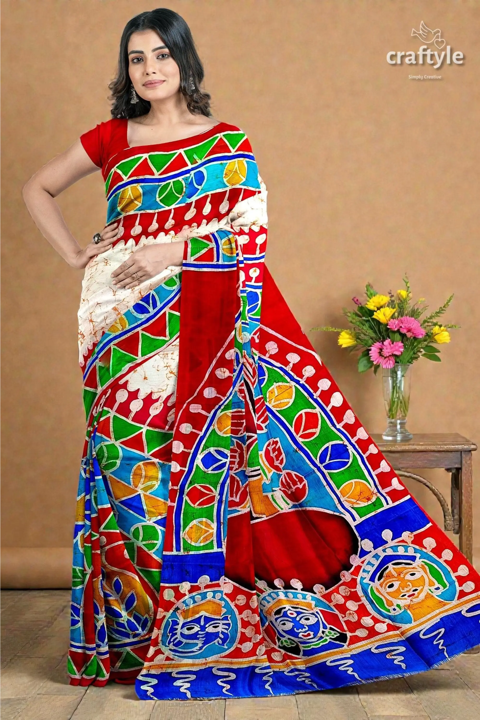 Red white goddess durga handpainted batik silk saree - pure mulberry 5