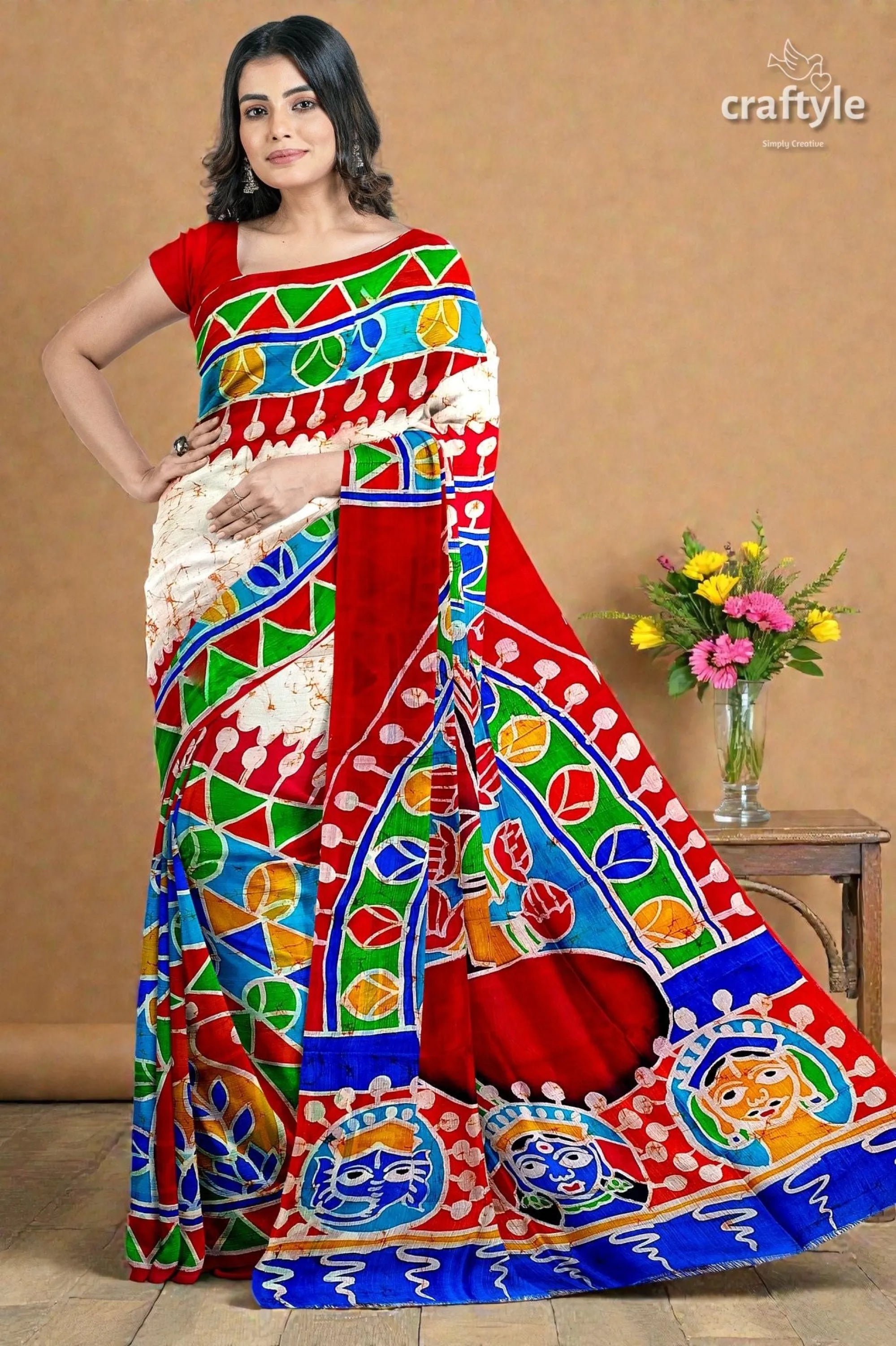 Red white goddess durga handpainted batik silk saree - pure mulberry vibrant red green blue white 5