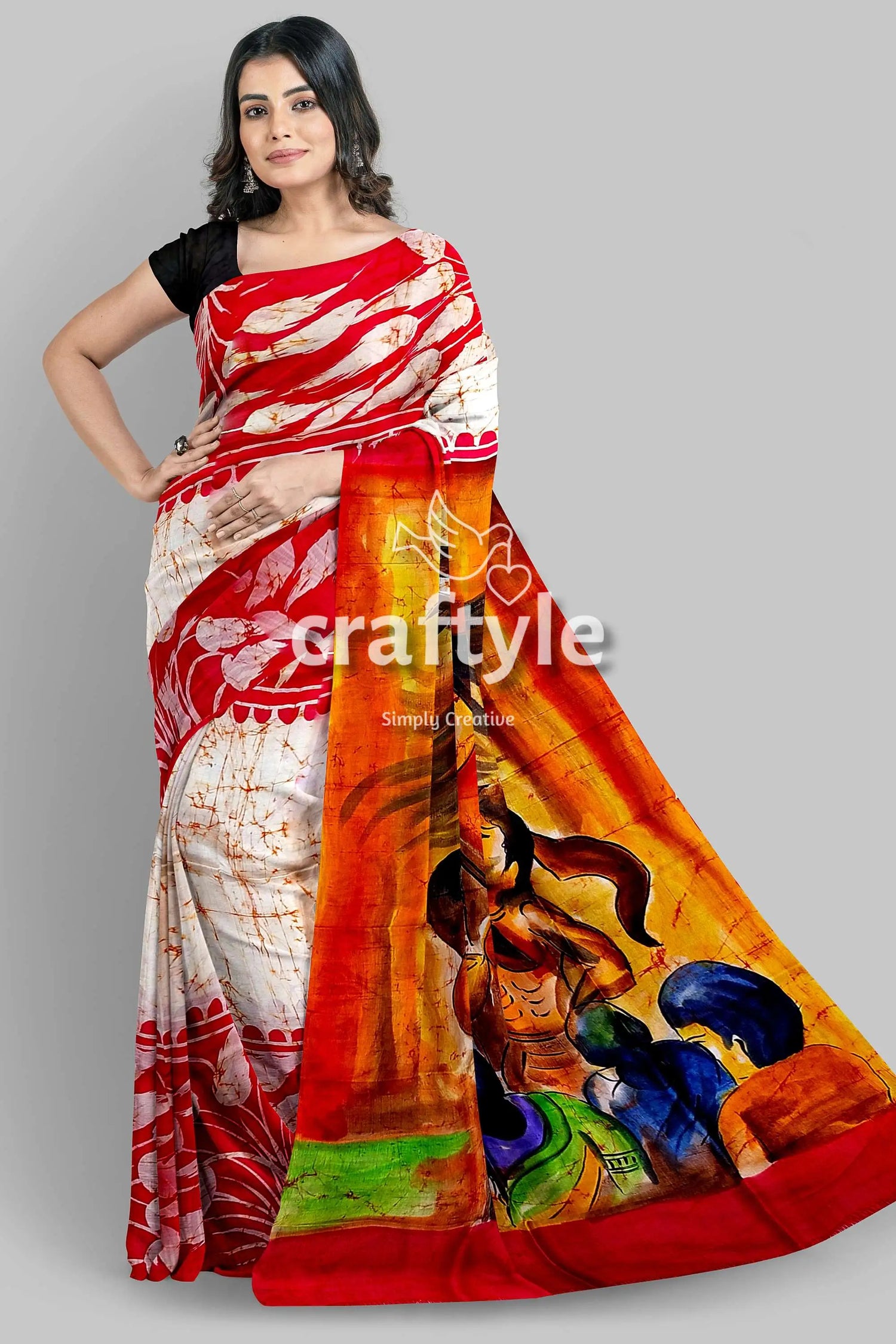 Red white goddess handpainted batik silk saree - mulberry pure ma durga sari red white batik saree painted 5
